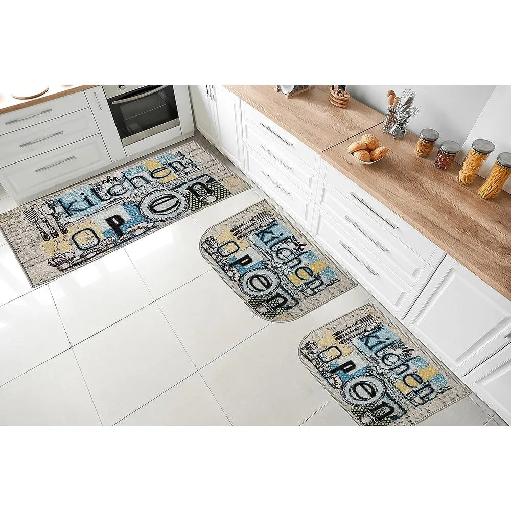 Kashi Home Kitchen Rug. Printed Durable Non Slip Floor Mat. Farmhouse Design 3 Piece Set - 3pc Set (2 18x30 D Shape & 1 20x40)