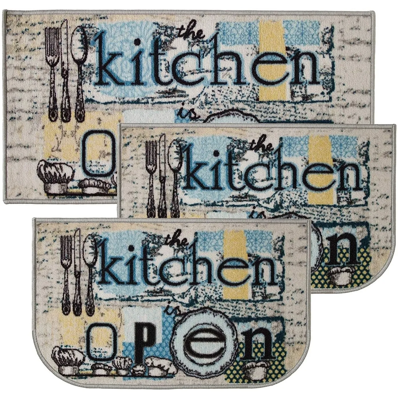 Kashi Home Kitchen Rug. Printed Durable Non Slip Floor Mat. Farmhouse Design 3 Piece Set - 3pc Set (2 18x30 D Shape & 1 20x40)