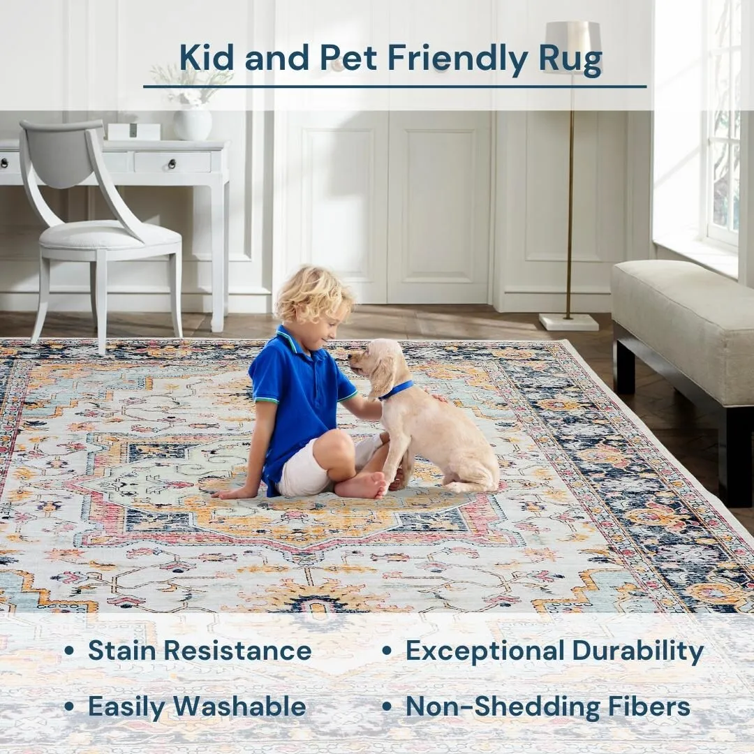 Kaspene Home Blue Vintage Washable Accent Area Rug