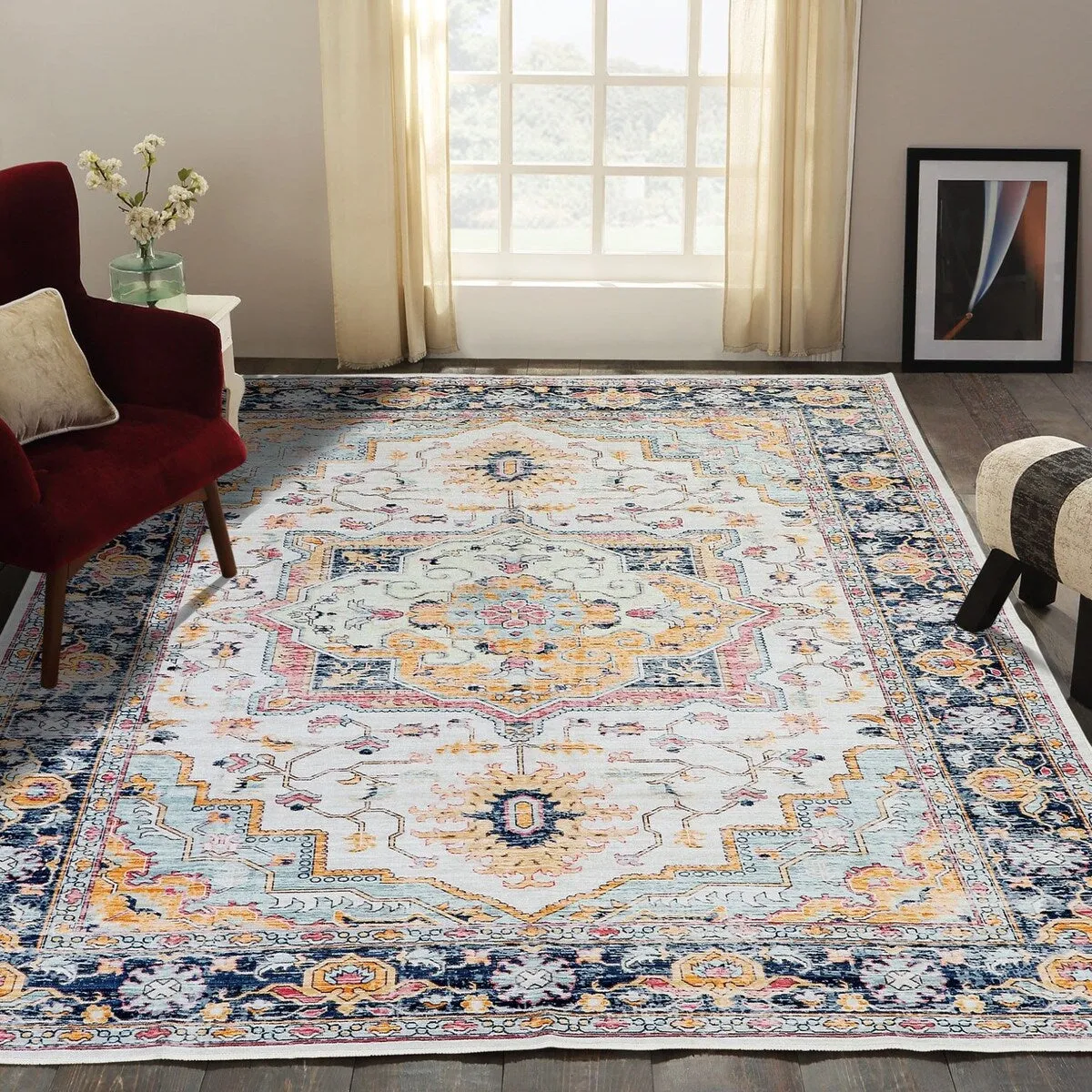 Kaspene Home Blue Vintage Washable Accent Area Rug