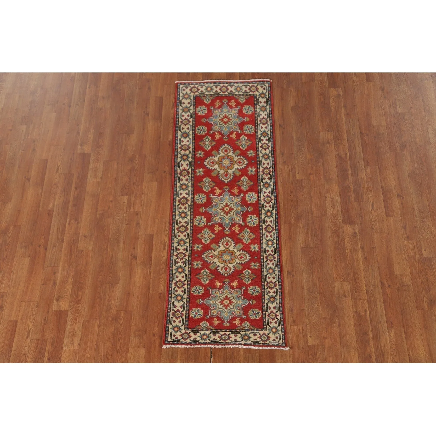 Kazak Runner Rug Hand-Knotted Red Wool Carpet - 2'1 x 5'9