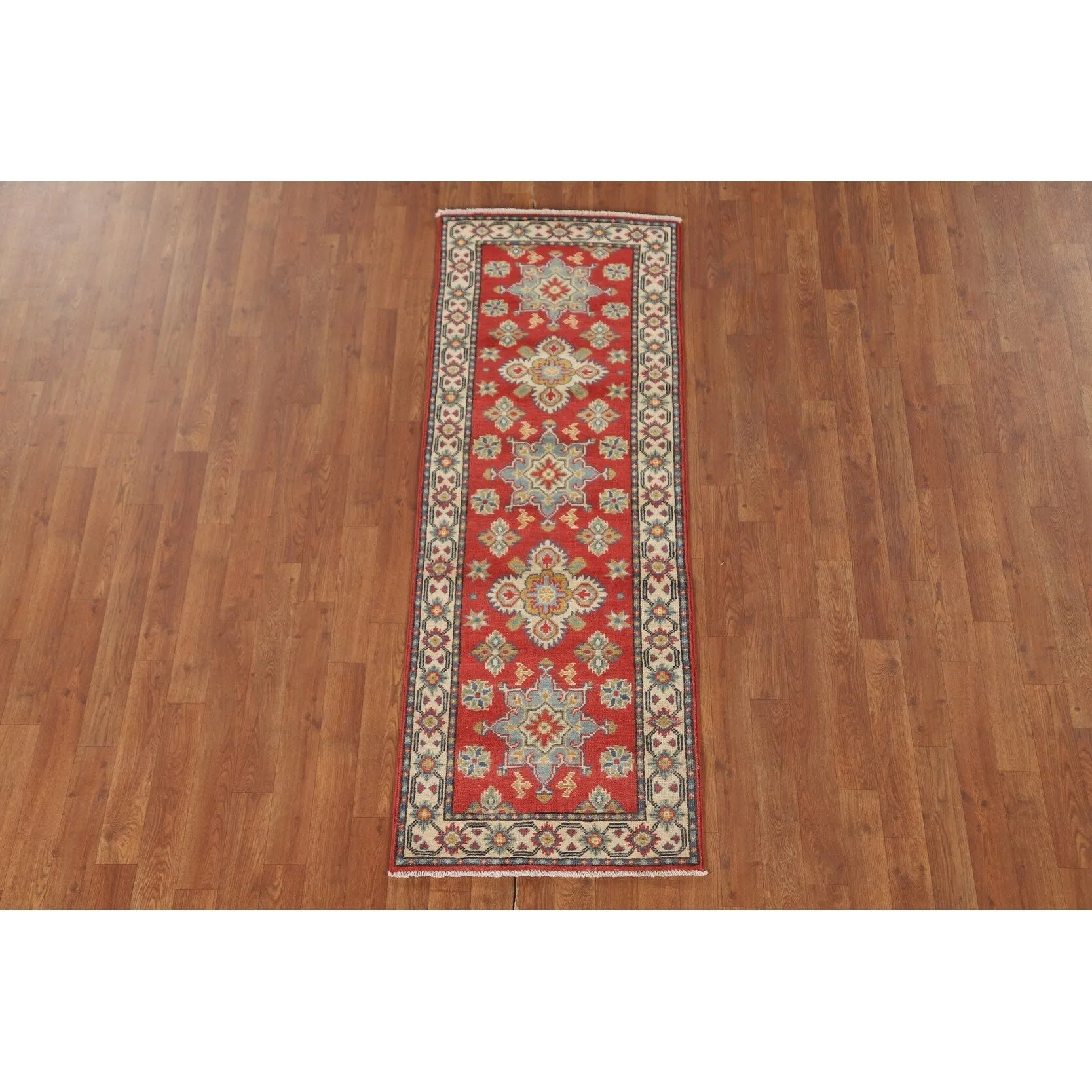 Kazak Runner Rug Hand-Knotted Red Wool Carpet - 2'1 x 5'9