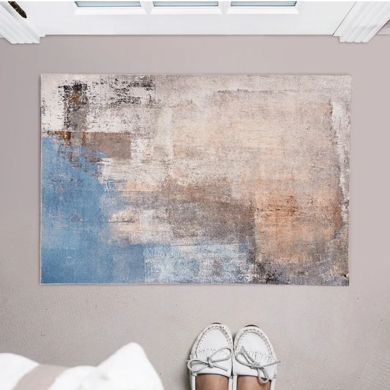 Kyler Machine Washable Beige and Blue Watercolor Area Rug