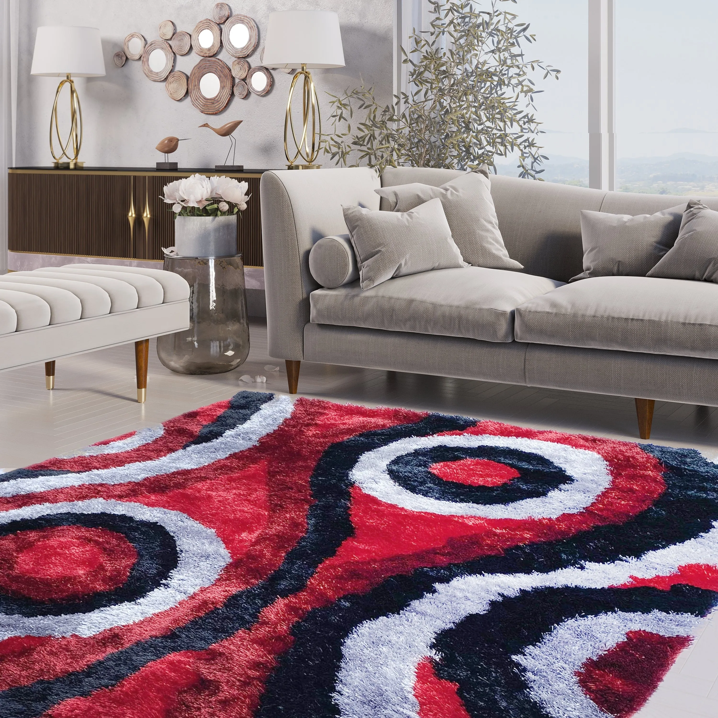 LA Rug Linens 3D Geometric Red Black Modern Swirl Shag Area Rug