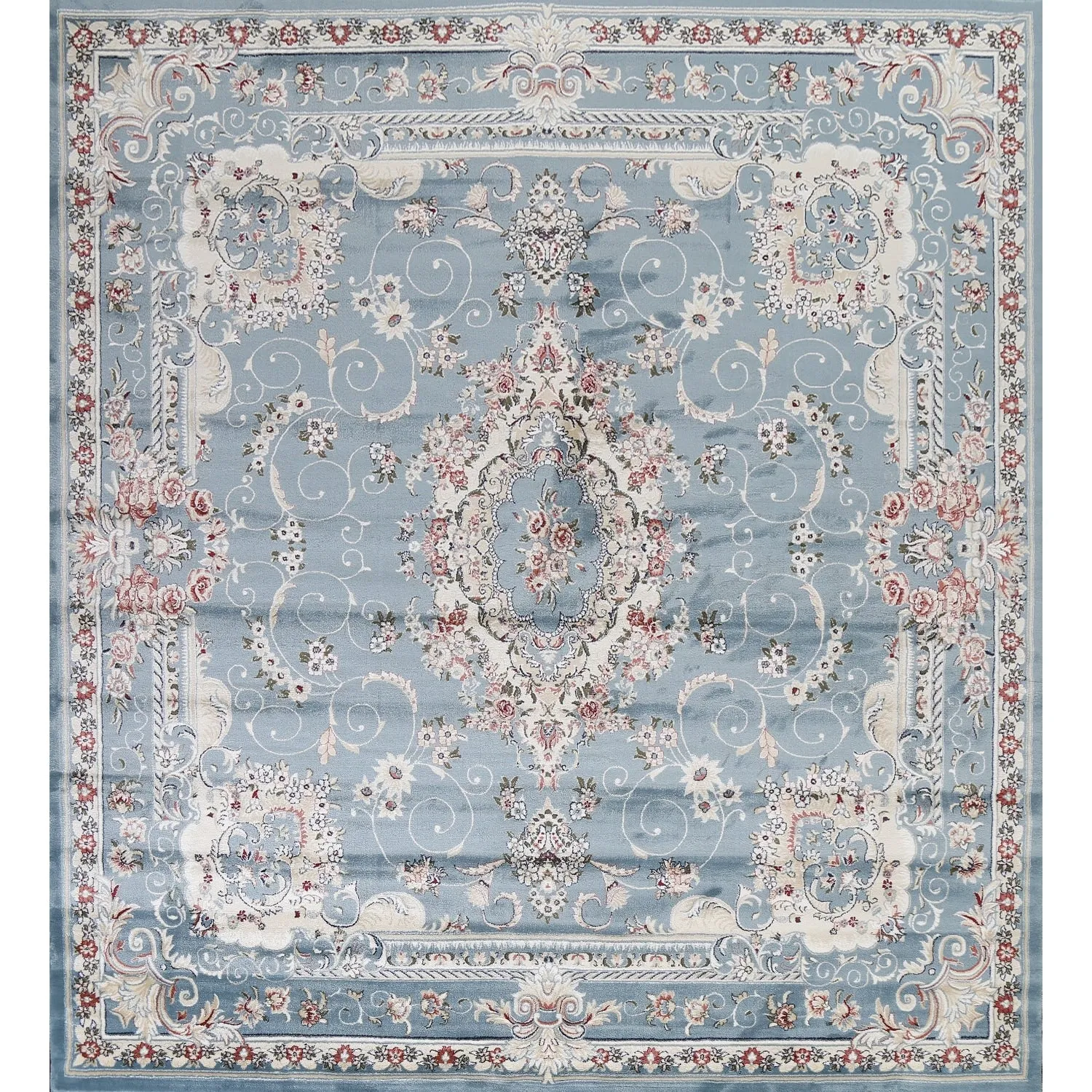Light Blue Floral Medallion Transitional Turkish Rug Oriental Carpet