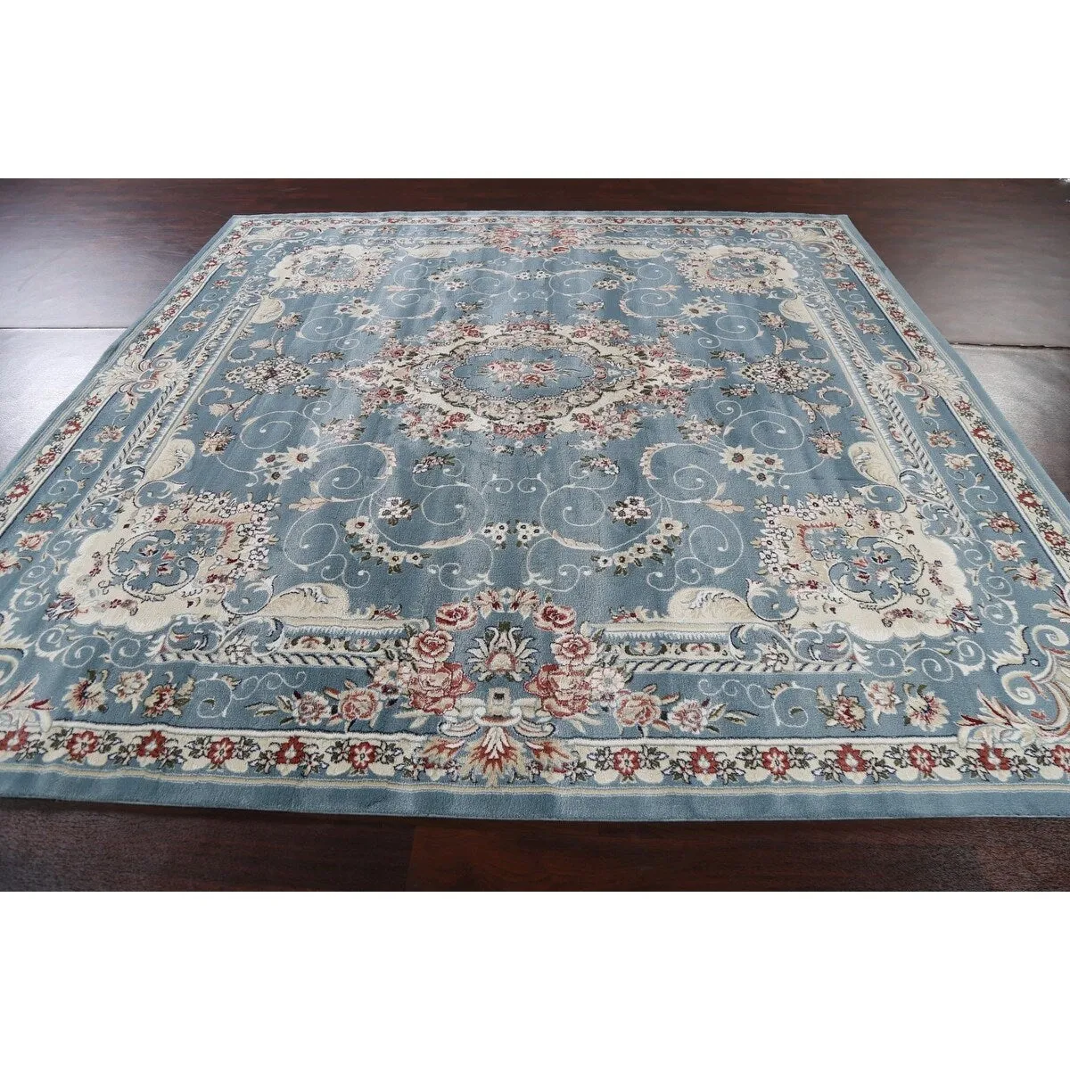 Light Blue Floral Medallion Transitional Turkish Rug Oriental Carpet