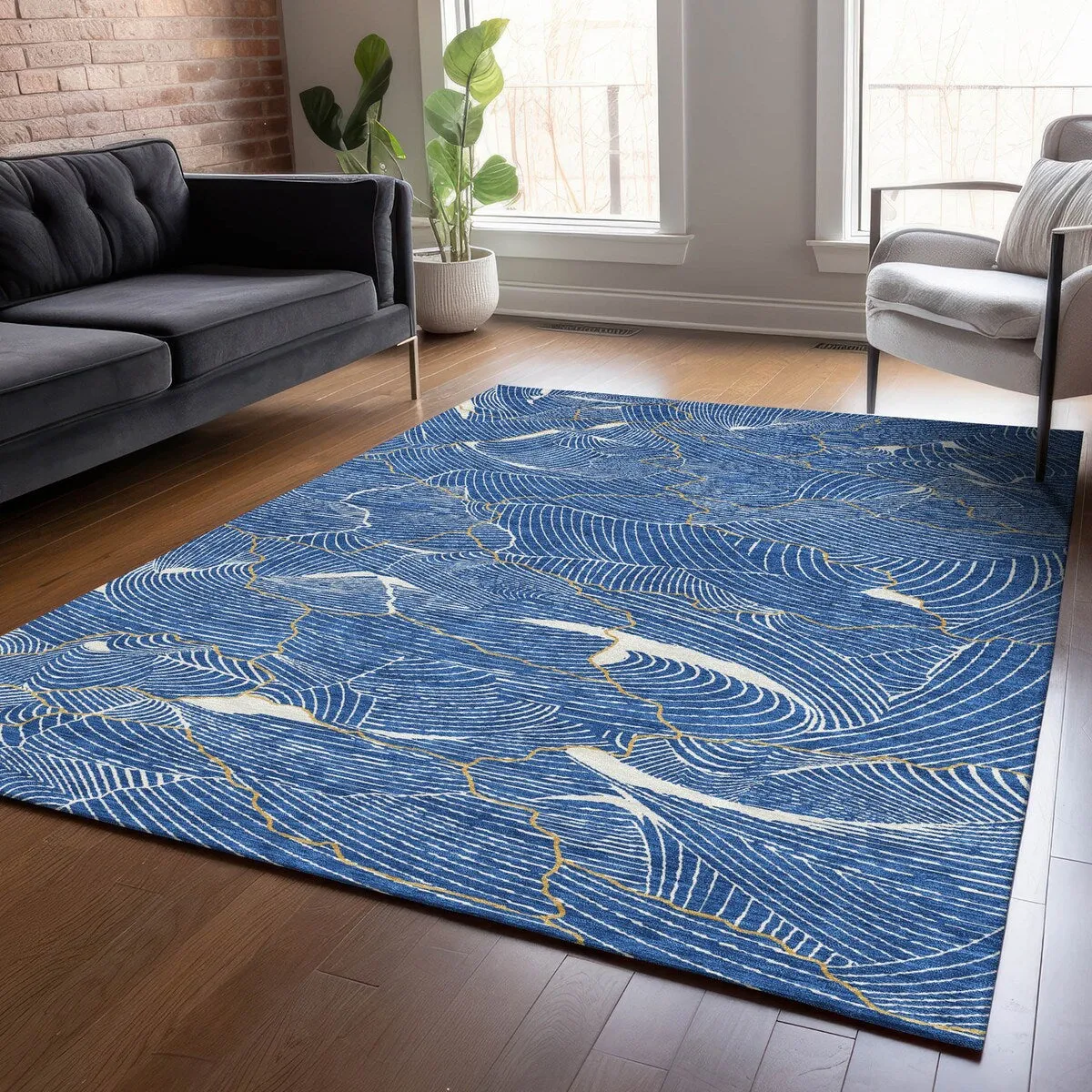 Machine Washable Indoor/ Outdoor Abstract Crackle Chantille Rug