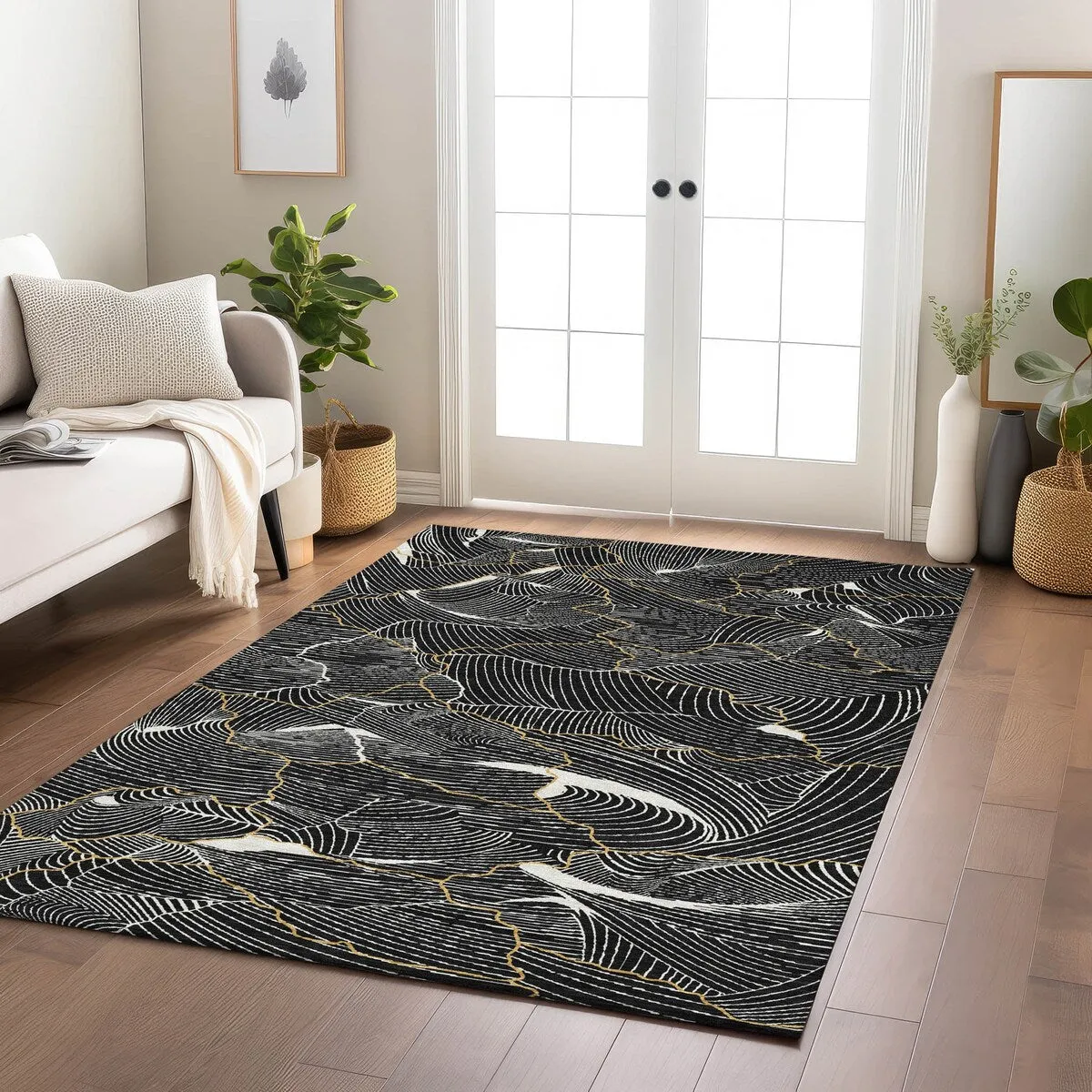Machine Washable Indoor/ Outdoor Abstract Crackle Chantille Rug