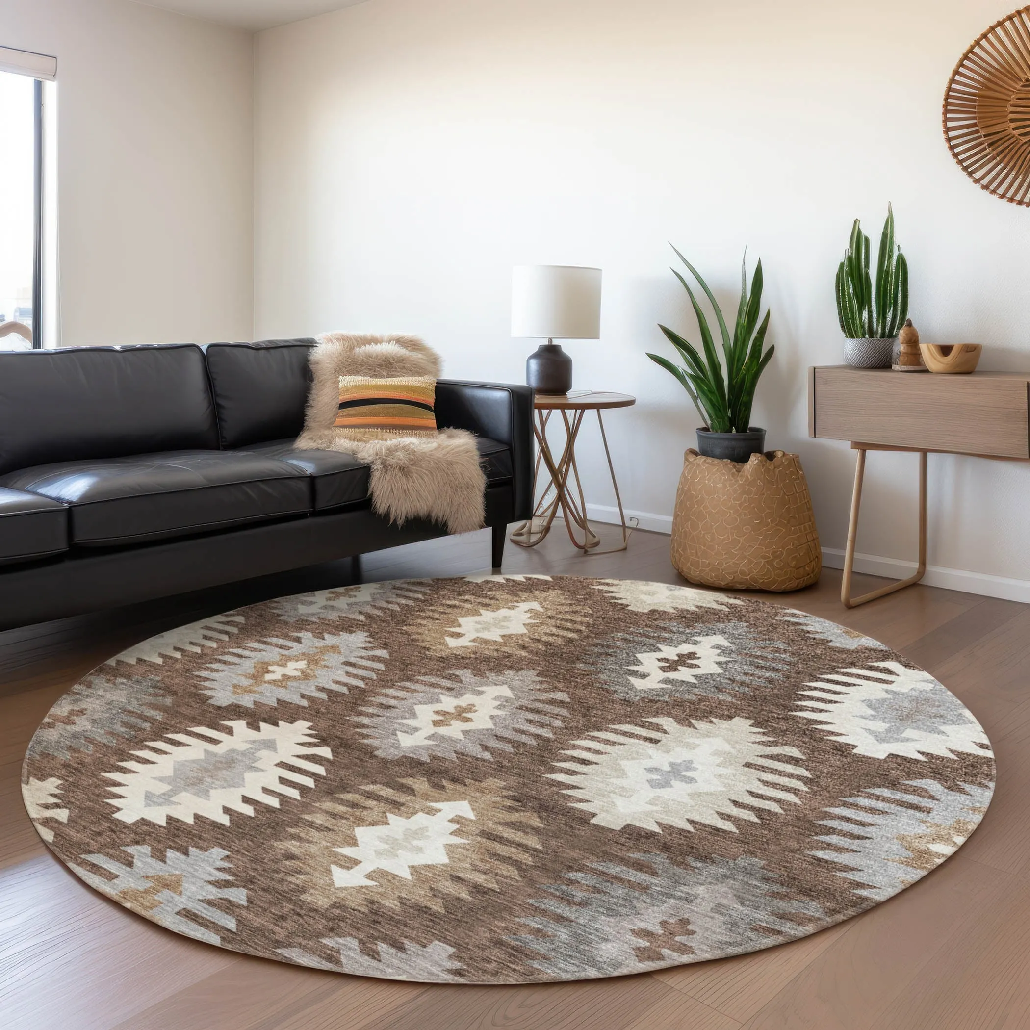 Machine Washable Indoor/ Outdoor Boho Tribal Chantille Rug