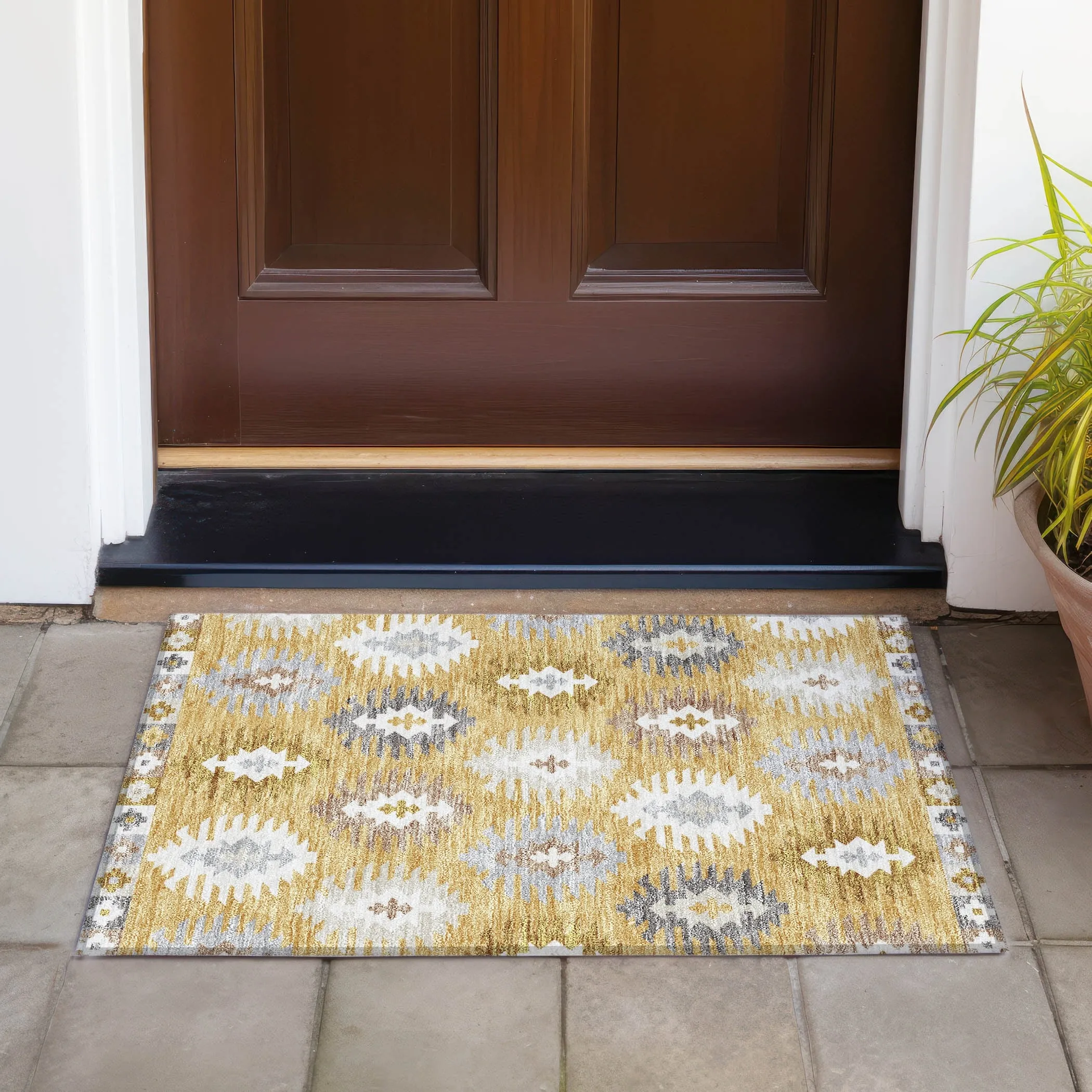 Machine Washable Indoor/ Outdoor Boho Tribal Chantille Rug