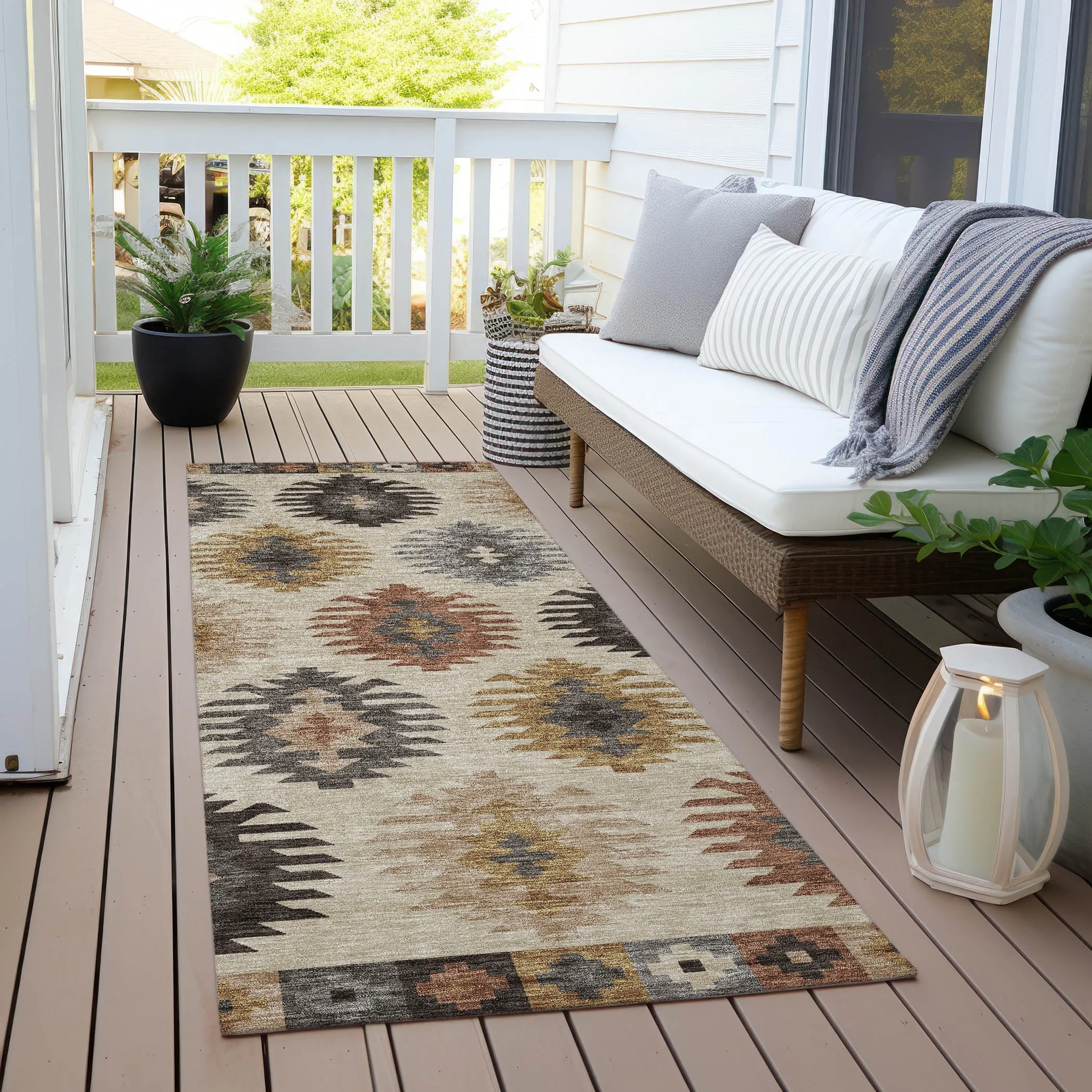 Machine Washable Indoor/ Outdoor Boho Tribal Chantille Rug