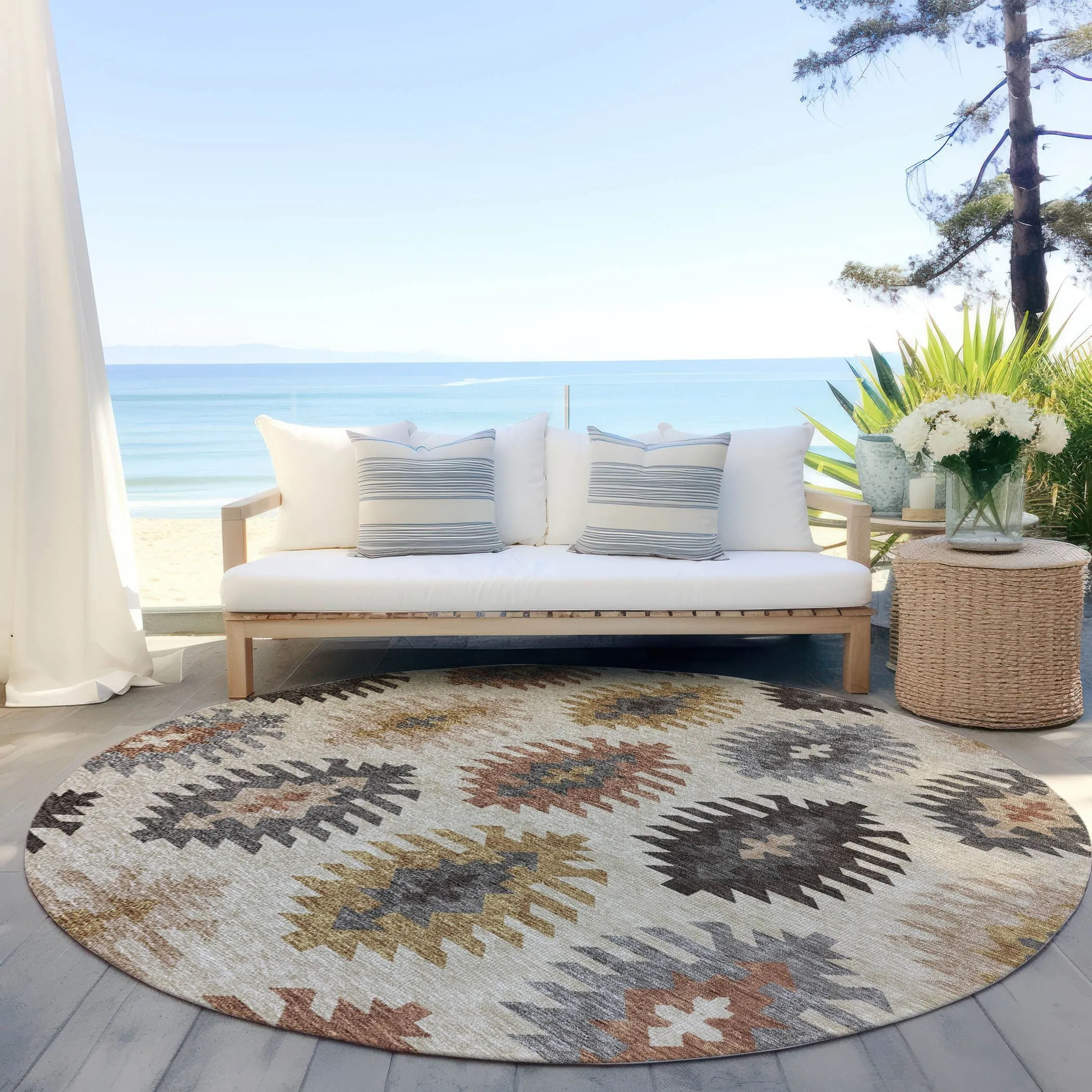 Machine Washable Indoor/ Outdoor Boho Tribal Chantille Rug