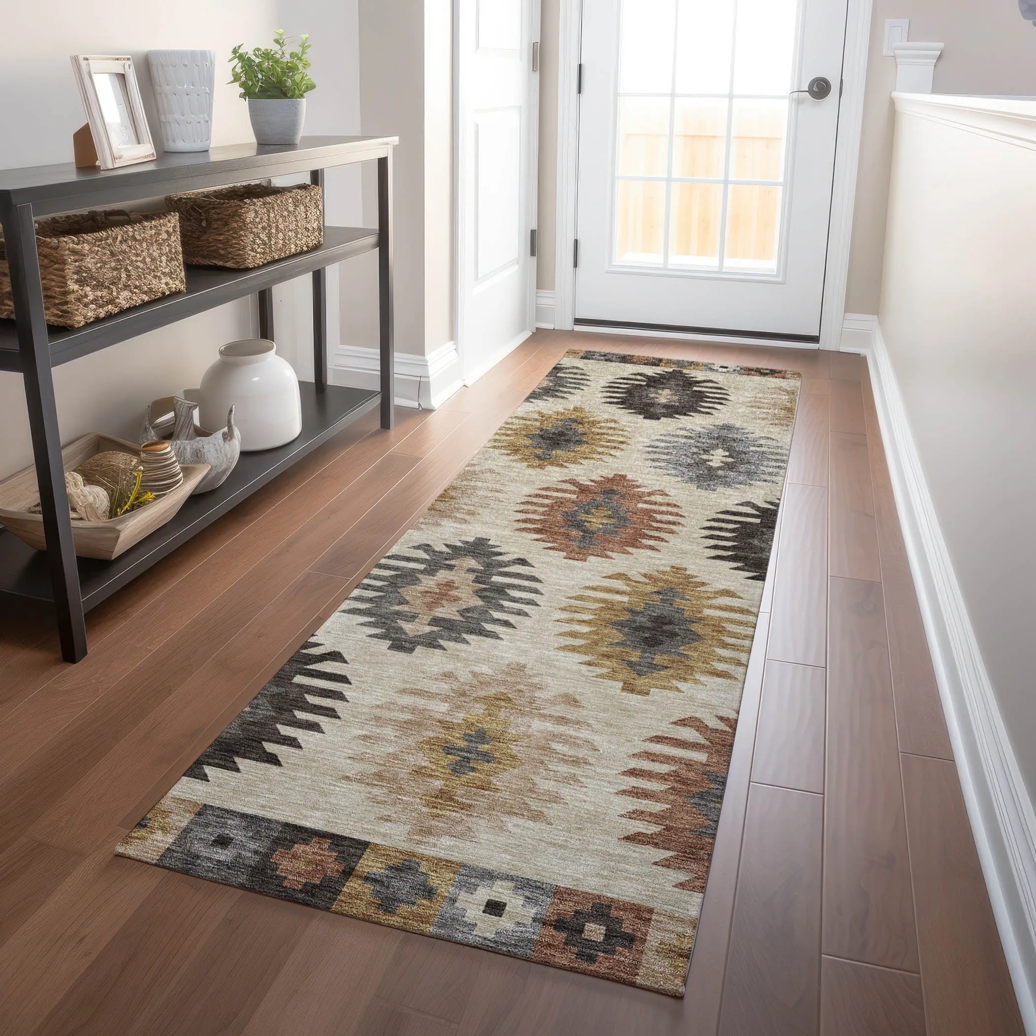 Machine Washable Indoor/ Outdoor Boho Tribal Chantille Rug