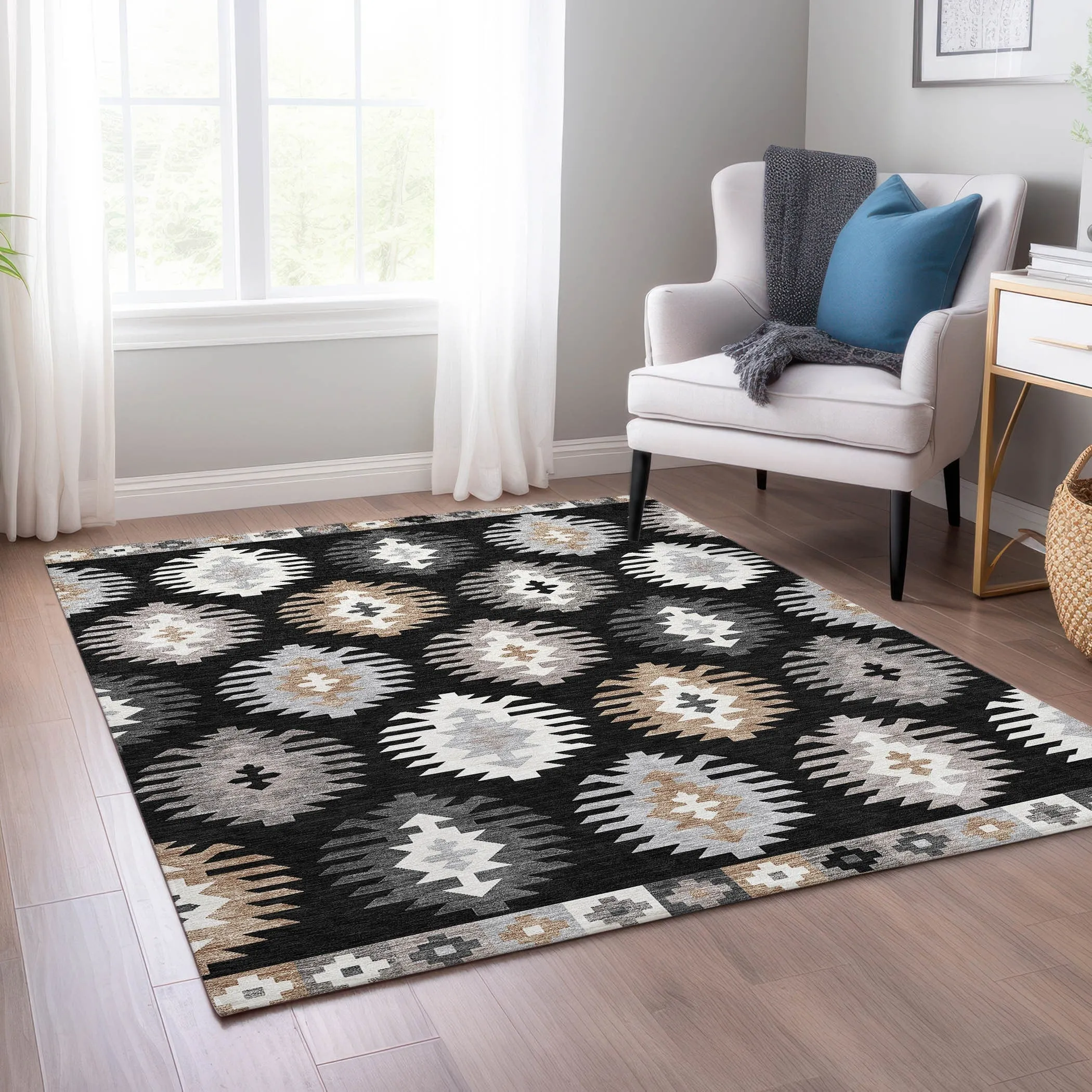 Machine Washable Indoor/ Outdoor Boho Tribal Chantille Rug