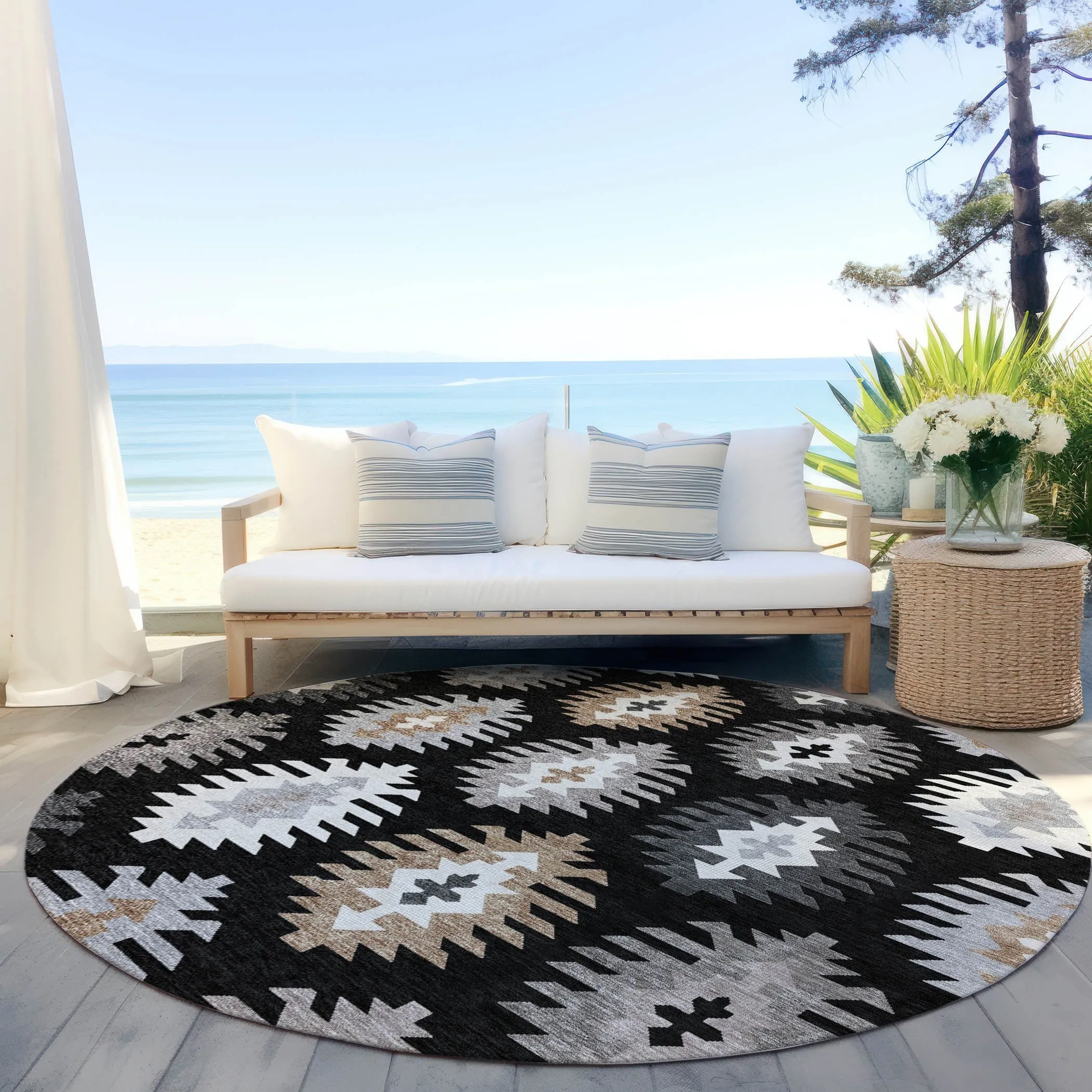 Machine Washable Indoor/ Outdoor Boho Tribal Chantille Rug