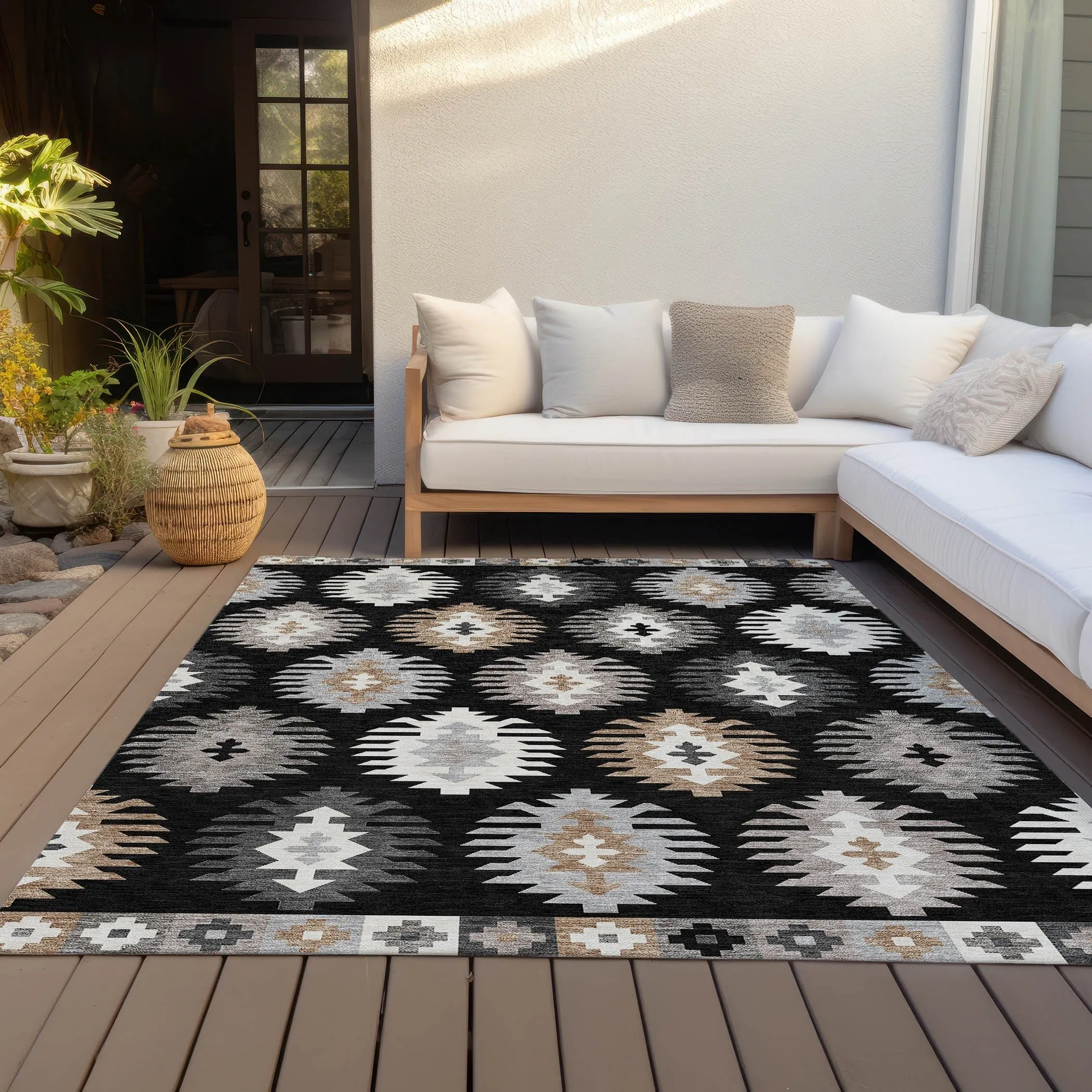 Machine Washable Indoor/ Outdoor Boho Tribal Chantille Rug