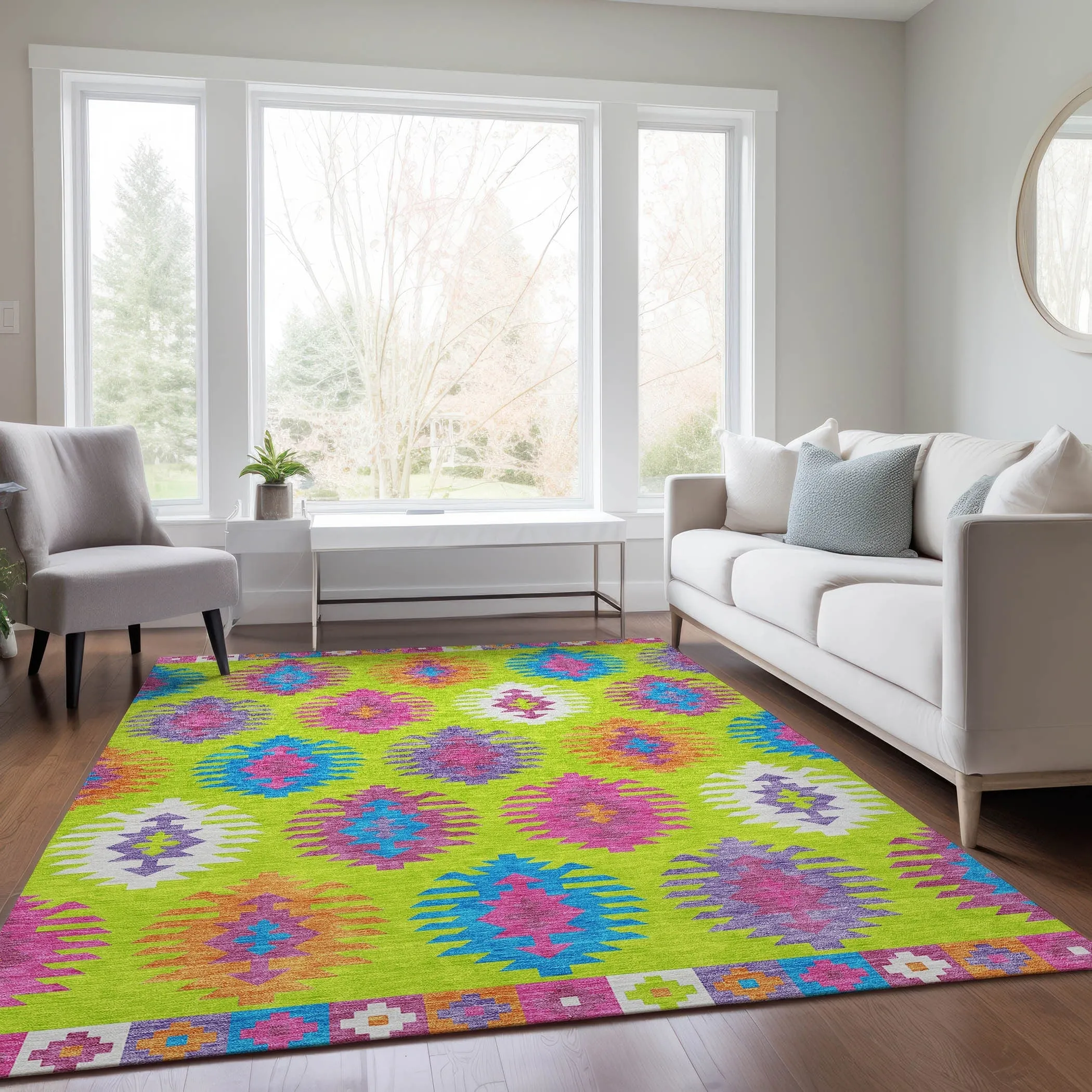 Machine Washable Indoor/ Outdoor Boho Tribal Chantille Rug