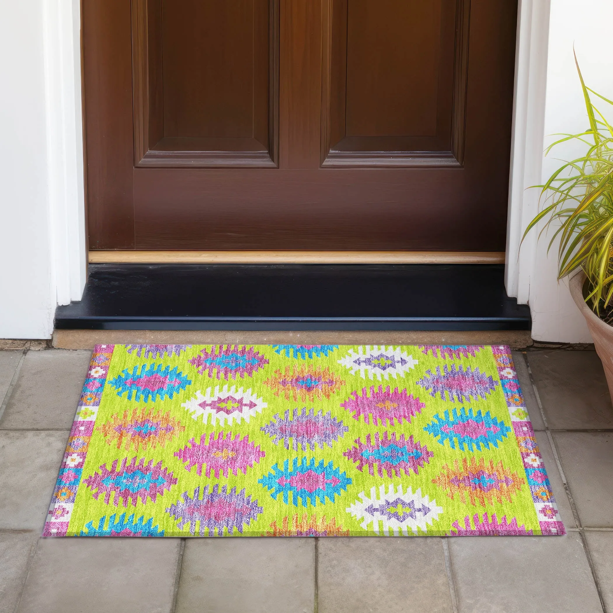 Machine Washable Indoor/ Outdoor Boho Tribal Chantille Rug