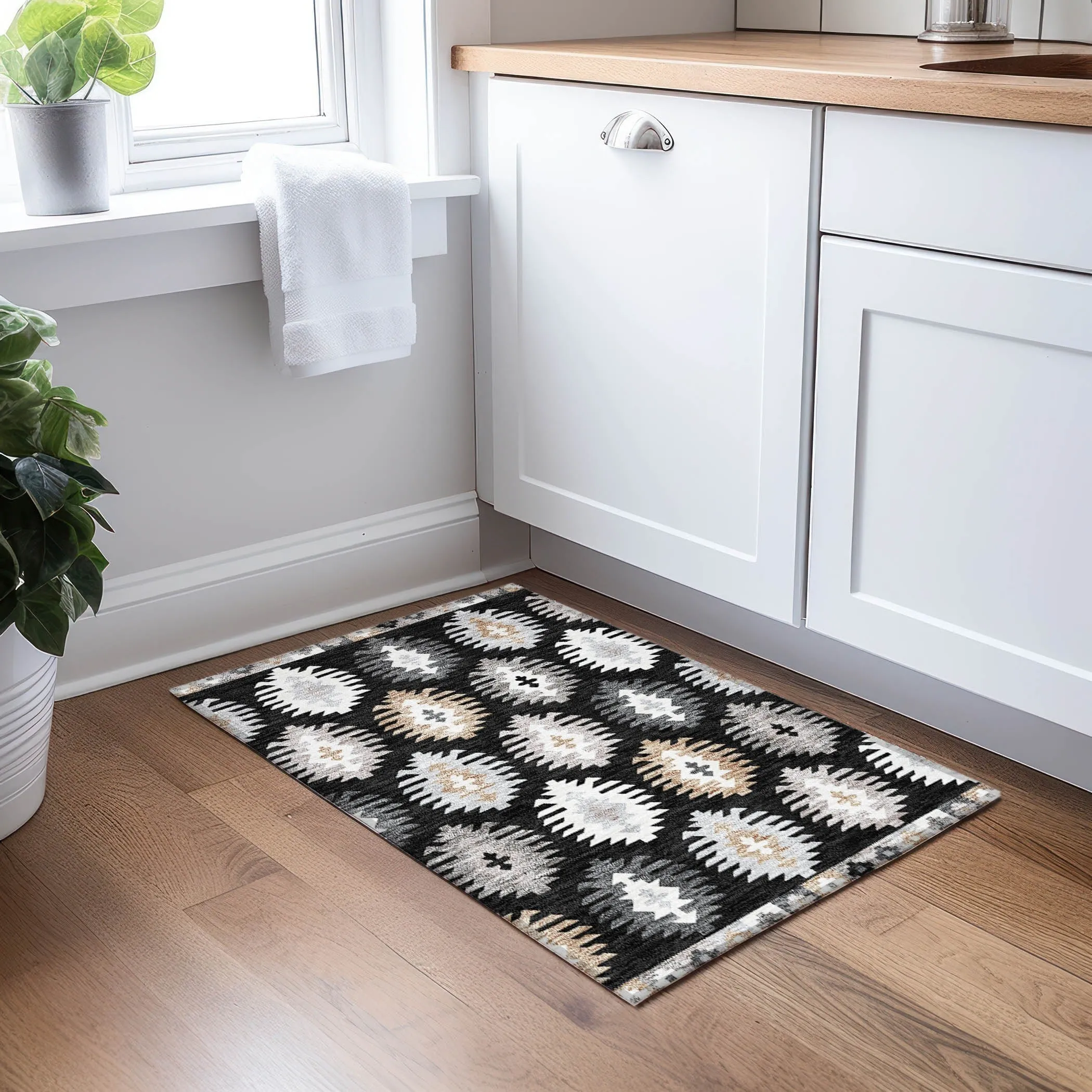 Machine Washable Indoor/ Outdoor Boho Tribal Chantille Rug