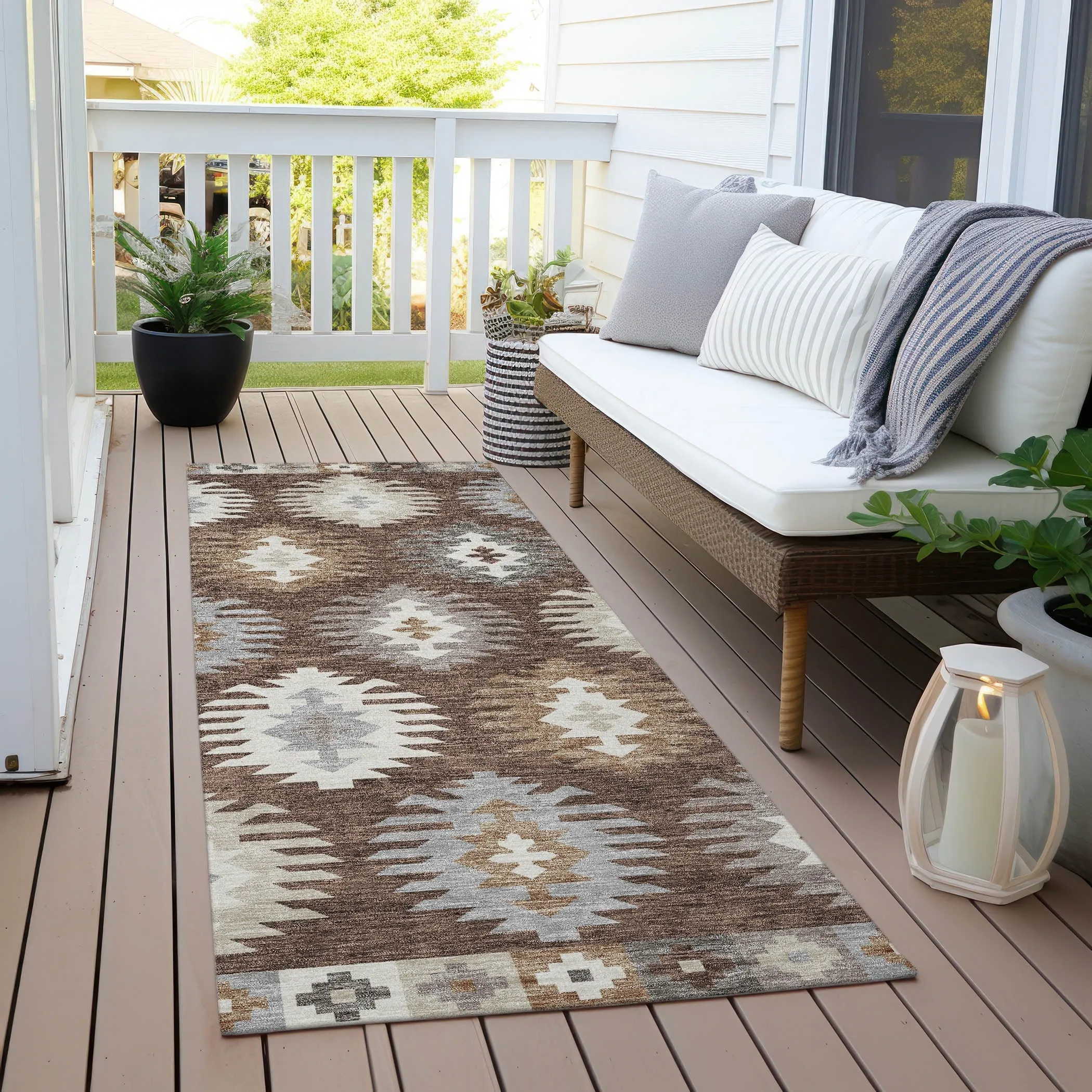 Machine Washable Indoor/ Outdoor Boho Tribal Chantille Rug