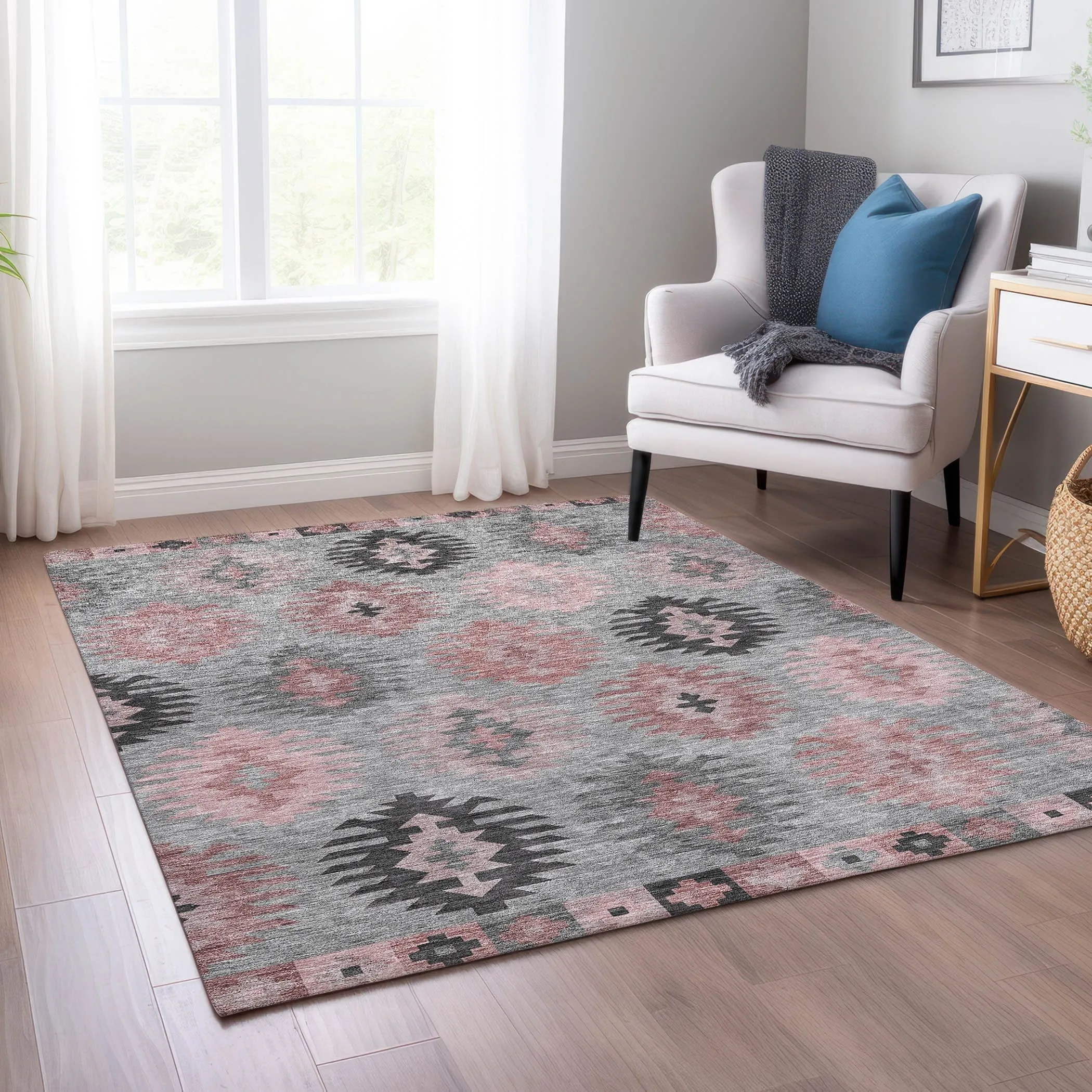Machine Washable Indoor/ Outdoor Boho Tribal Chantille Rug