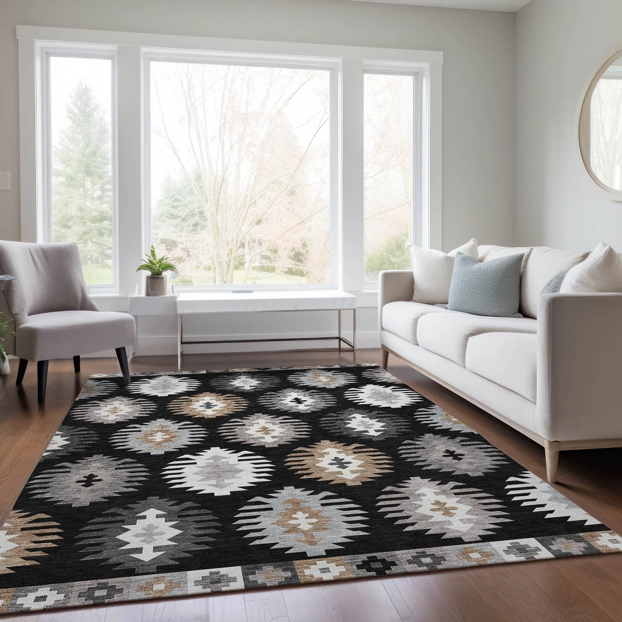 Machine Washable Indoor/ Outdoor Boho Tribal Chantille Rug