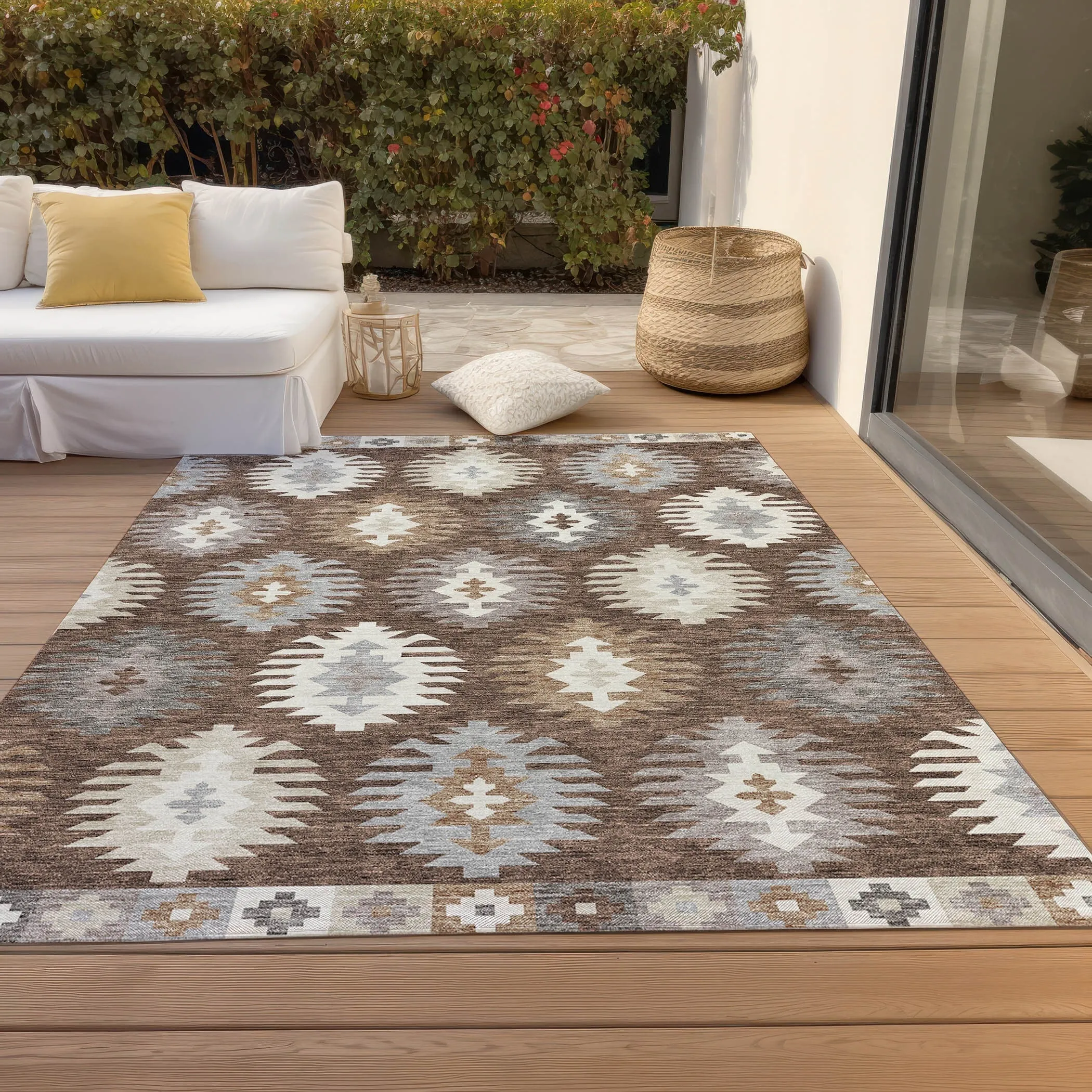 Machine Washable Indoor/ Outdoor Boho Tribal Chantille Rug