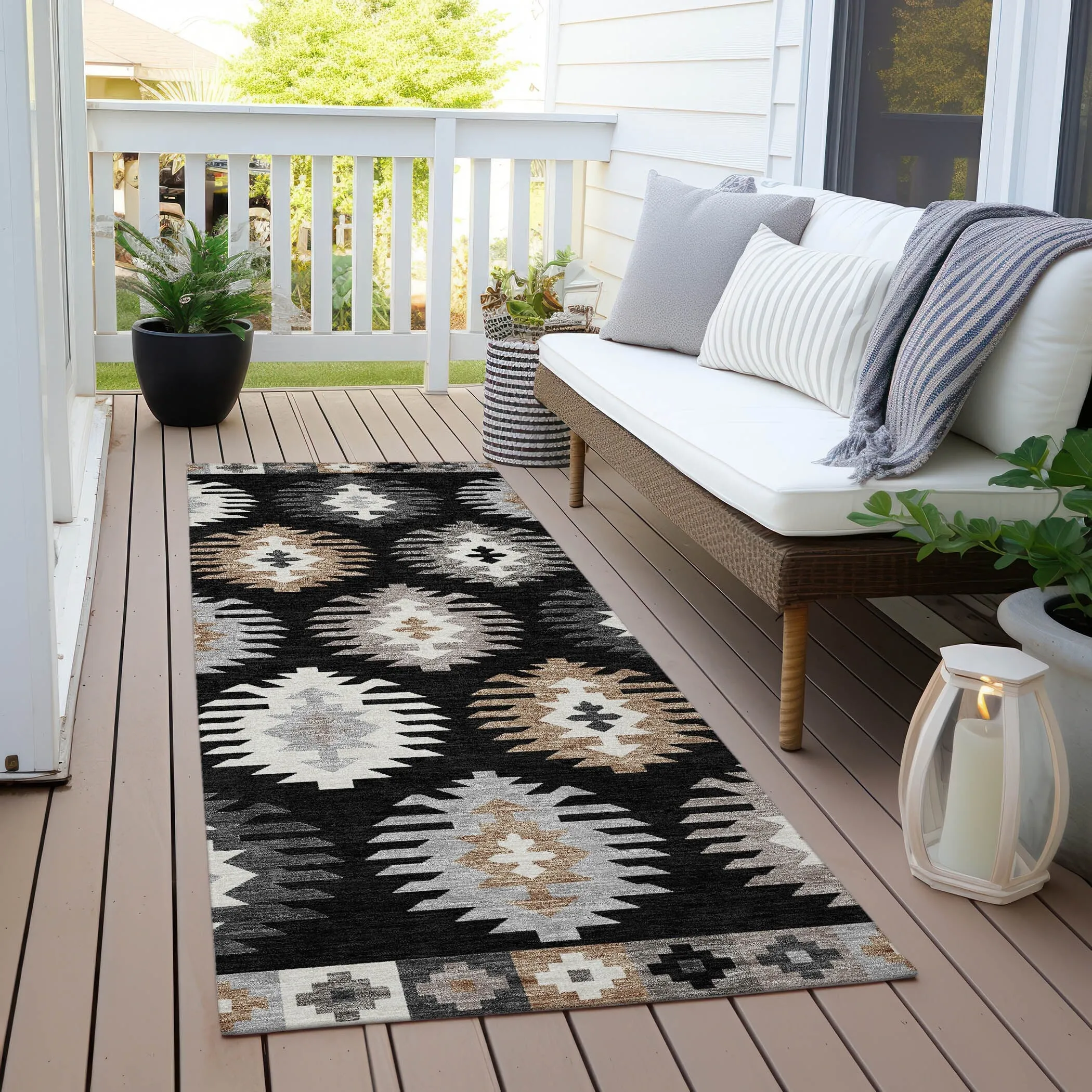 Machine Washable Indoor/ Outdoor Boho Tribal Chantille Rug