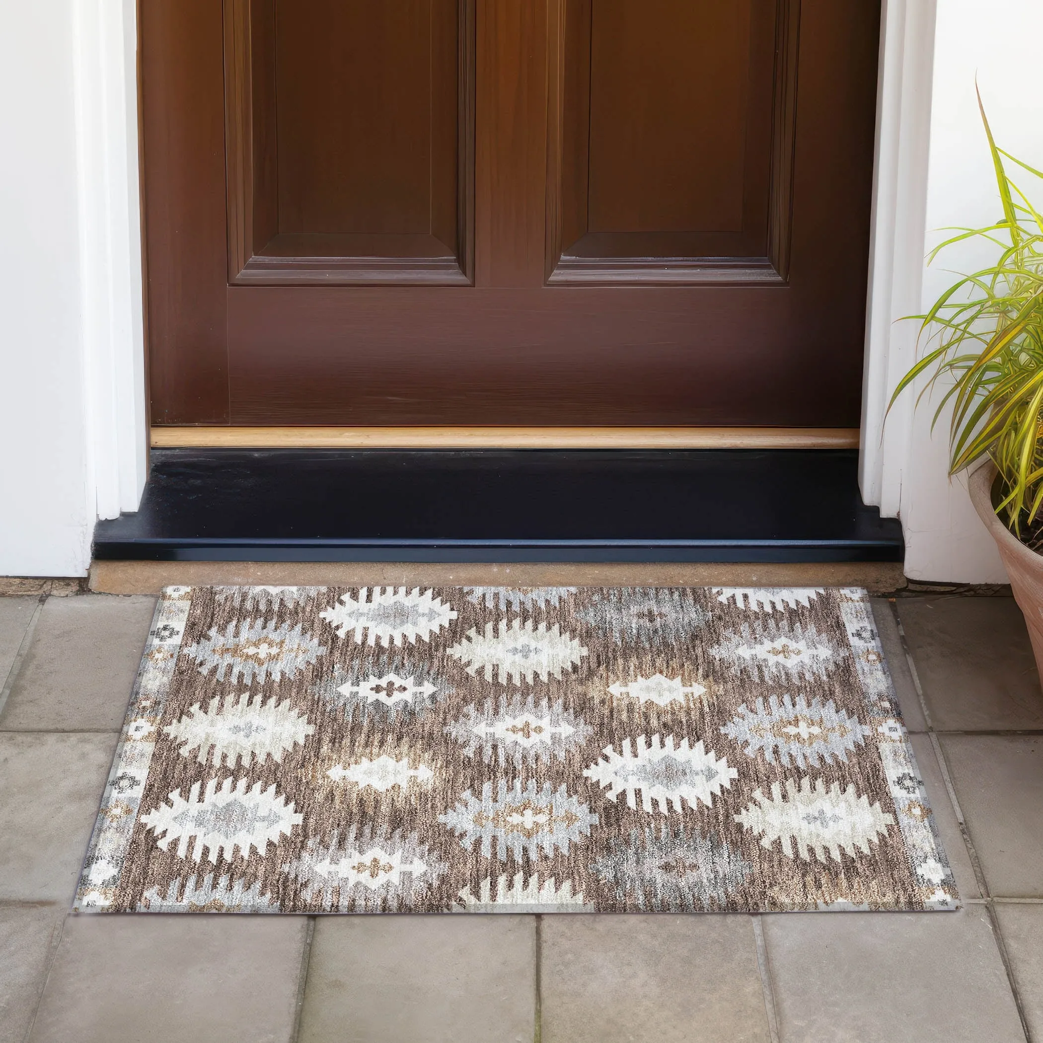 Machine Washable Indoor/ Outdoor Boho Tribal Chantille Rug