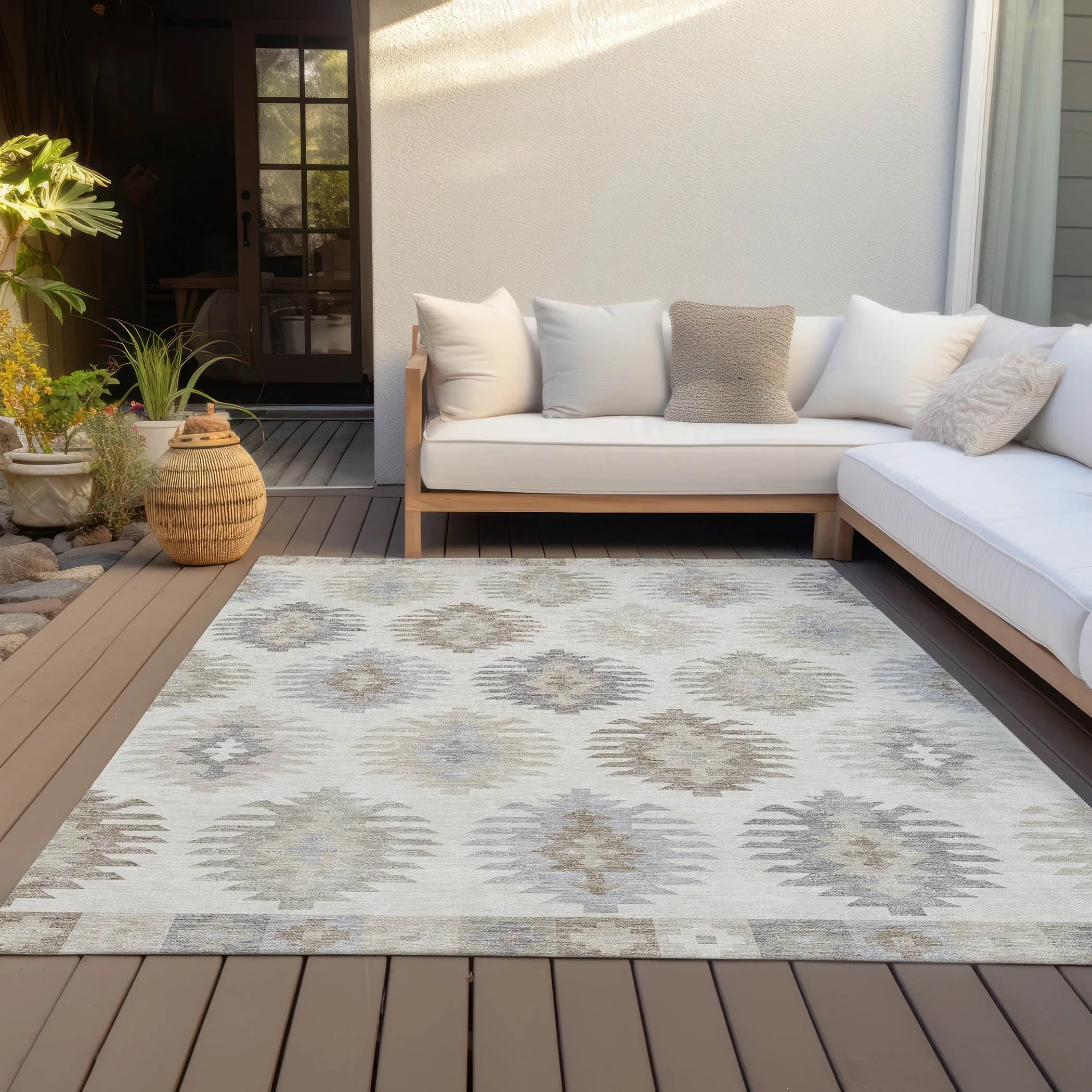 Machine Washable Indoor/ Outdoor Boho Tribal Chantille Rug