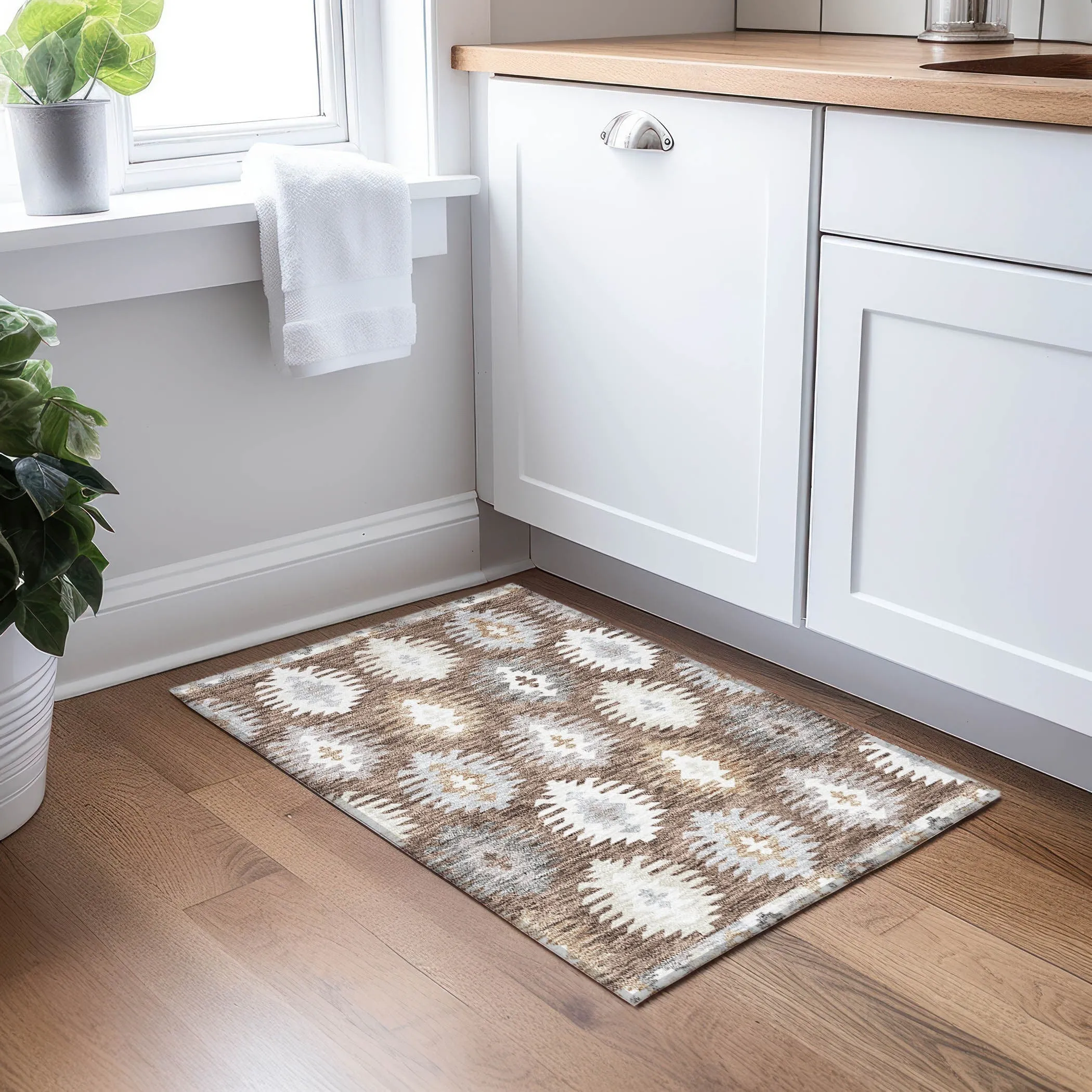Machine Washable Indoor/ Outdoor Boho Tribal Chantille Rug