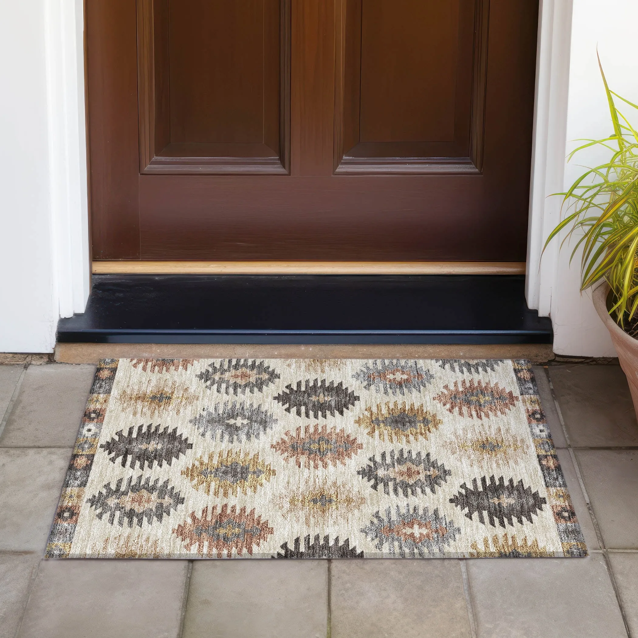 Machine Washable Indoor/ Outdoor Boho Tribal Chantille Rug