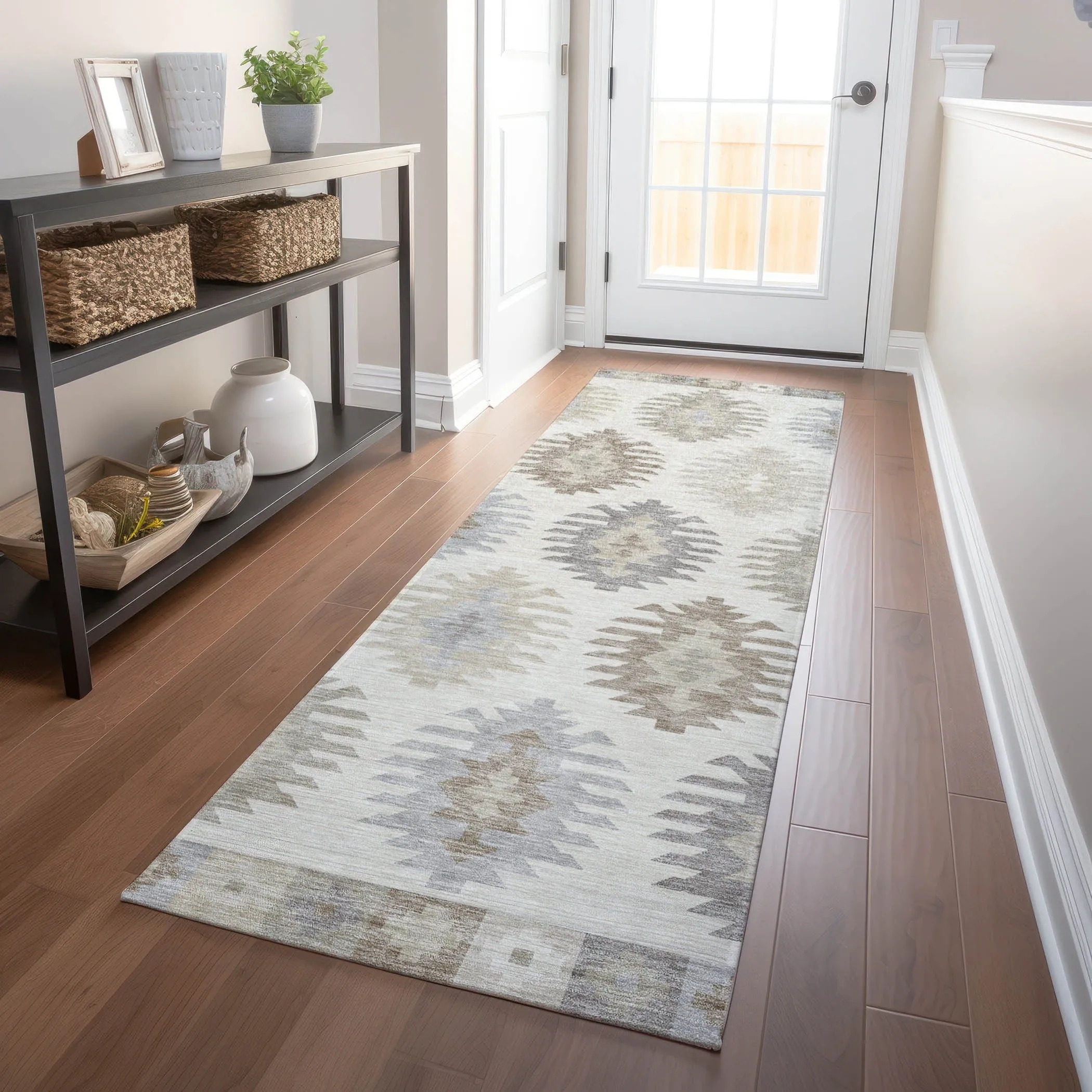Machine Washable Indoor/ Outdoor Boho Tribal Chantille Rug
