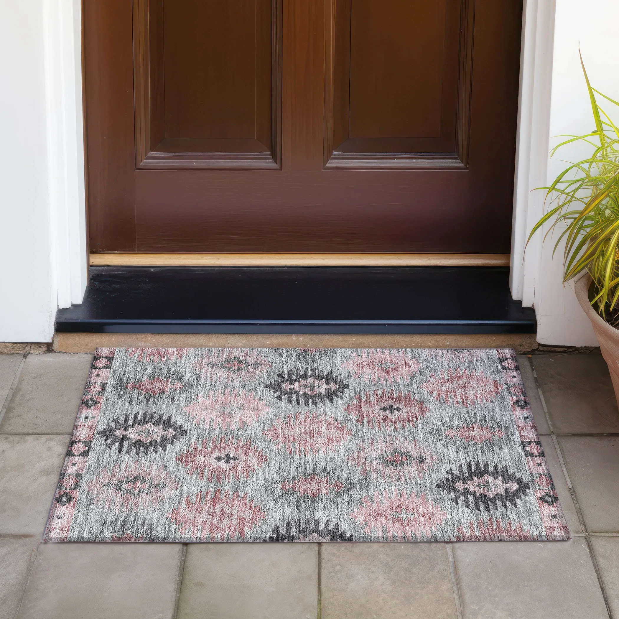 Machine Washable Indoor/ Outdoor Boho Tribal Chantille Rug
