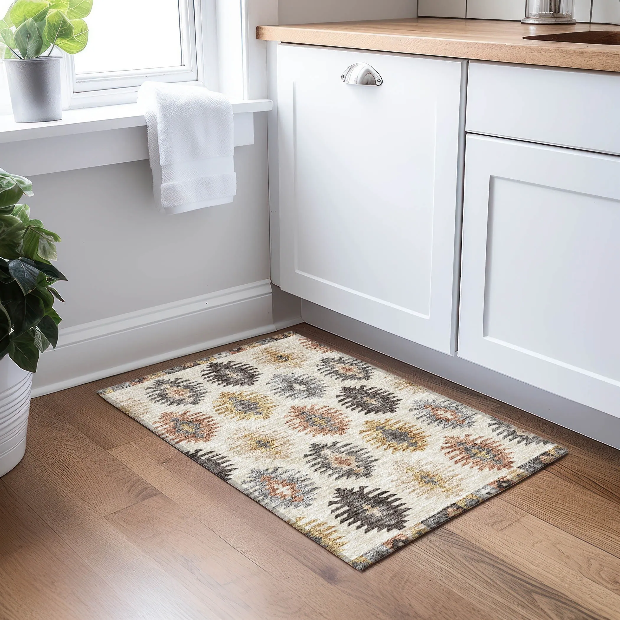 Machine Washable Indoor/ Outdoor Boho Tribal Chantille Rug