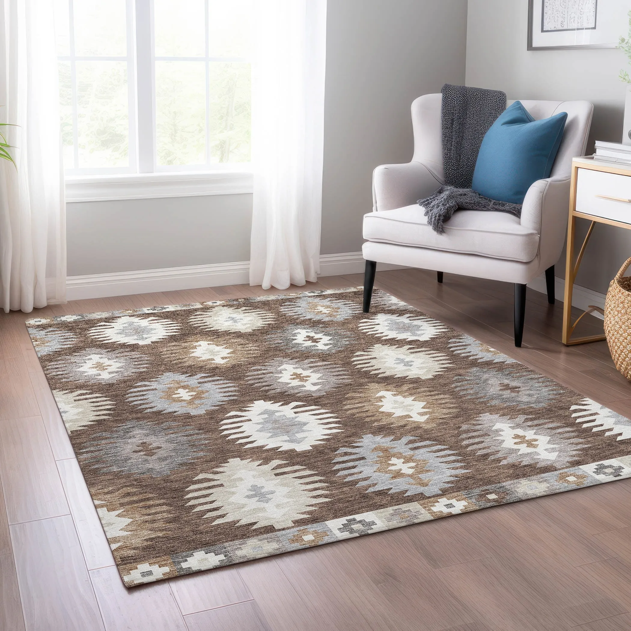 Machine Washable Indoor/ Outdoor Boho Tribal Chantille Rug