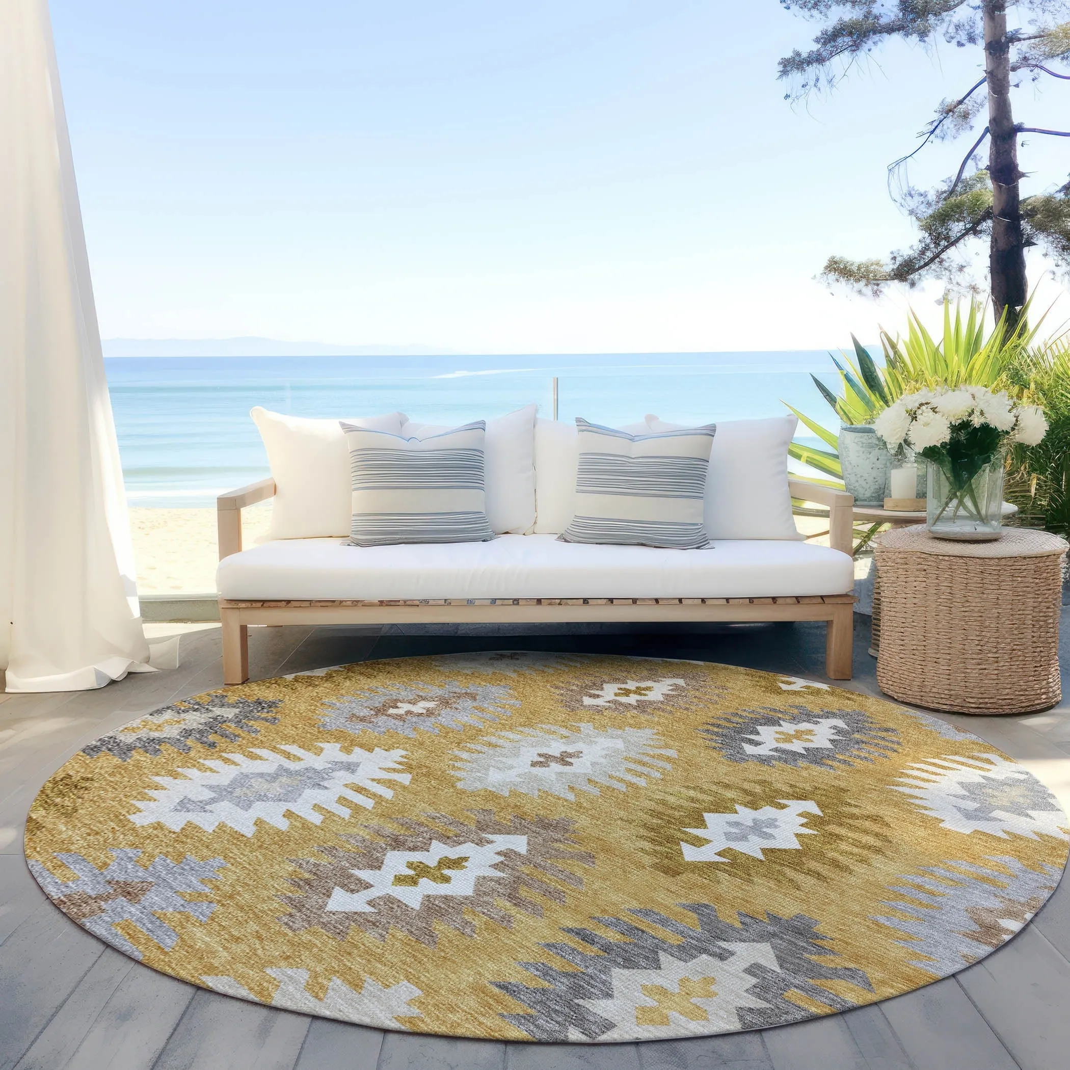 Machine Washable Indoor/ Outdoor Boho Tribal Chantille Rug
