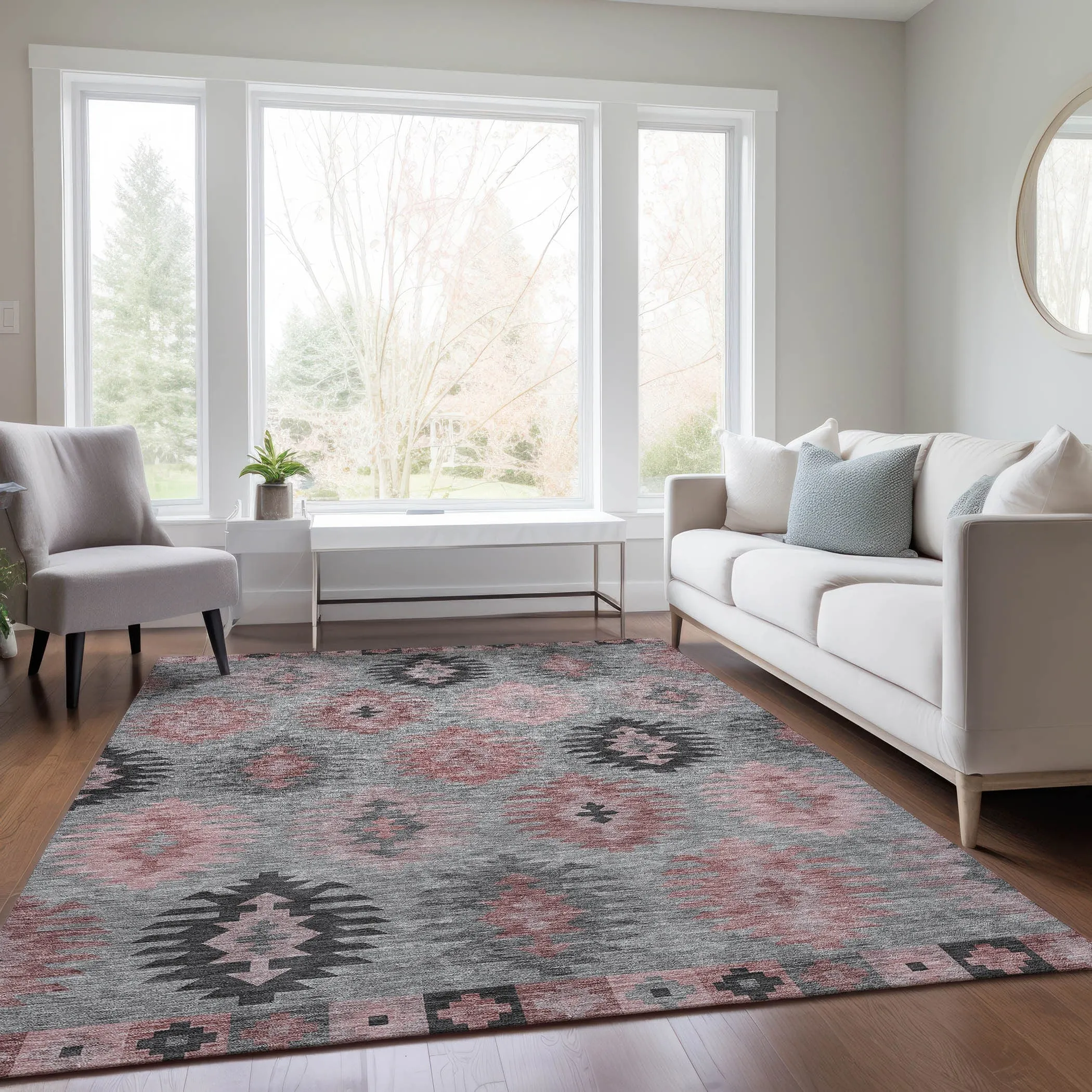 Machine Washable Indoor/ Outdoor Boho Tribal Chantille Rug