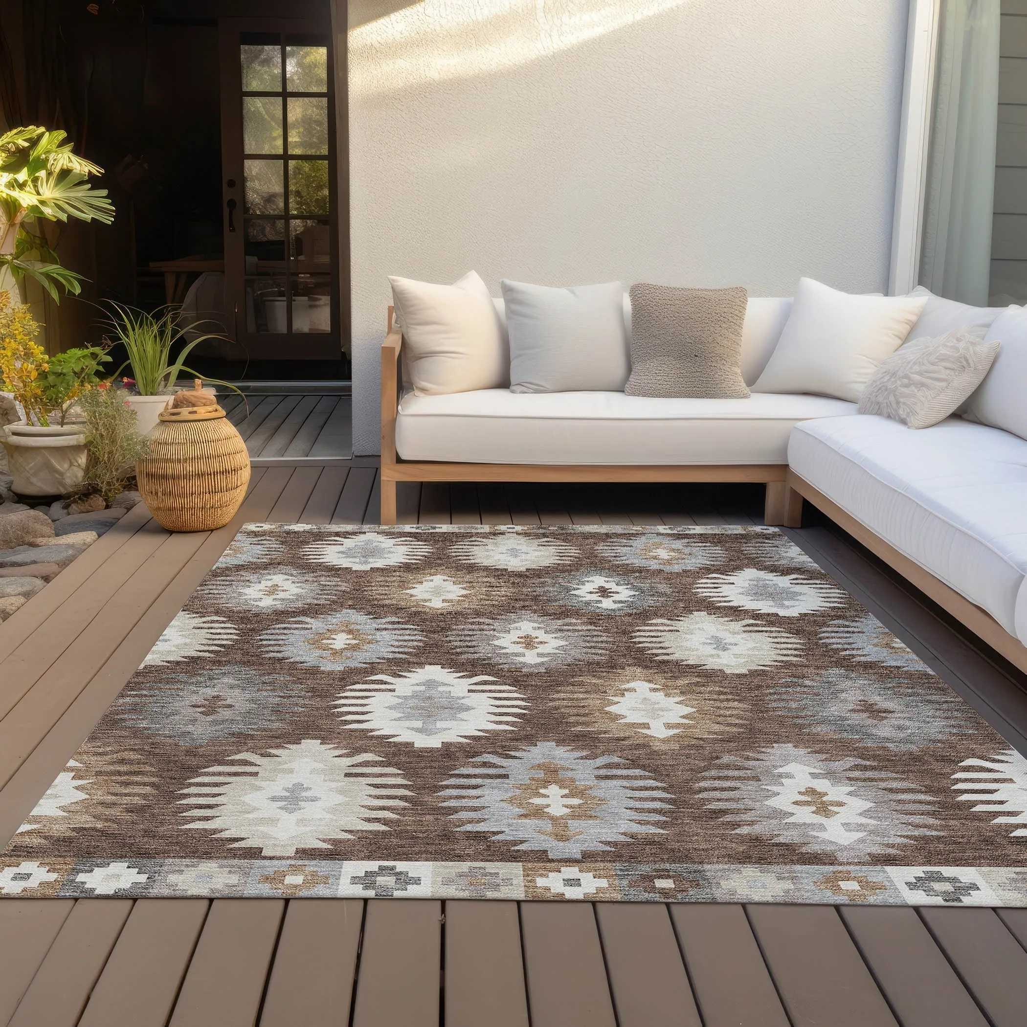 Machine Washable Indoor/ Outdoor Boho Tribal Chantille Rug