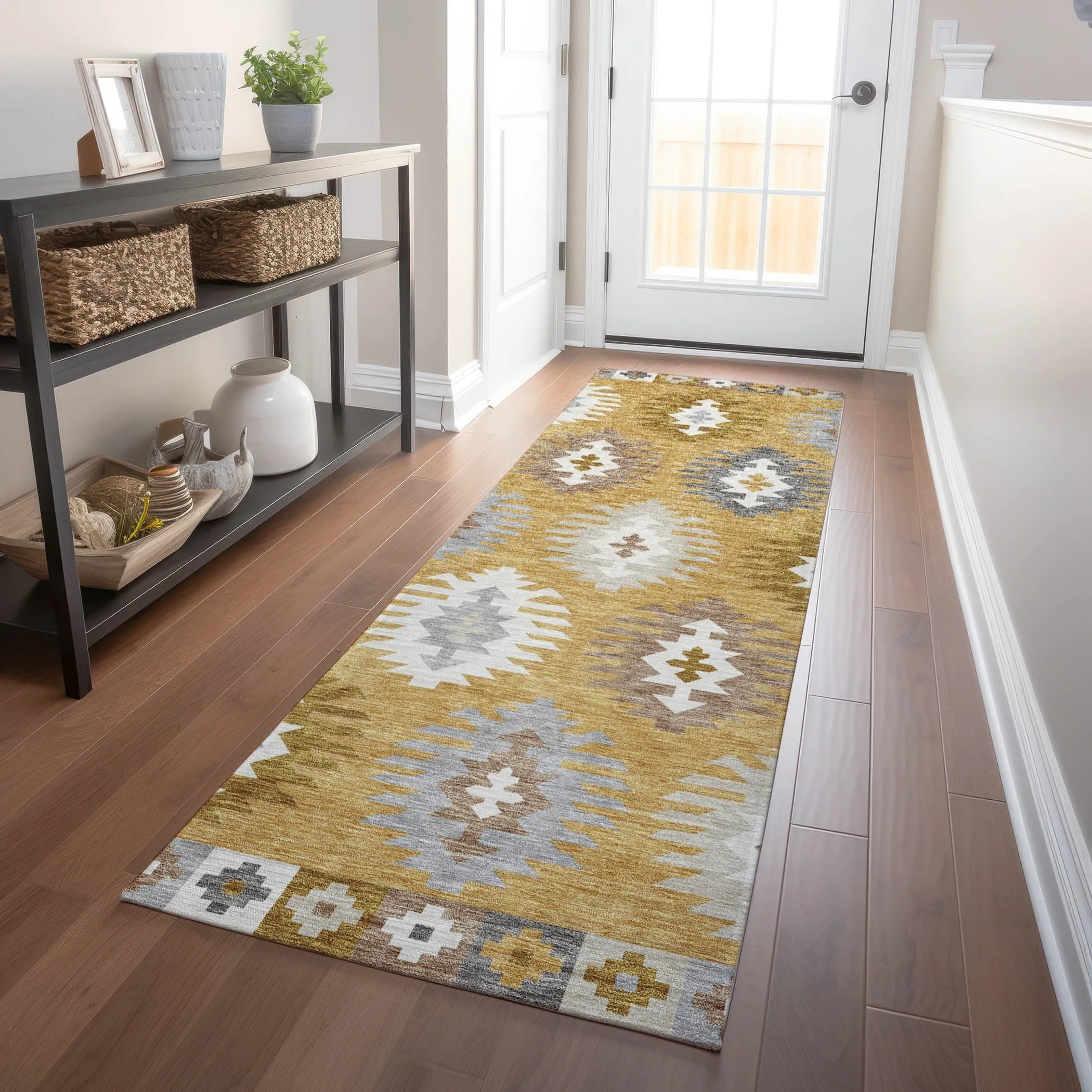 Machine Washable Indoor/ Outdoor Boho Tribal Chantille Rug
