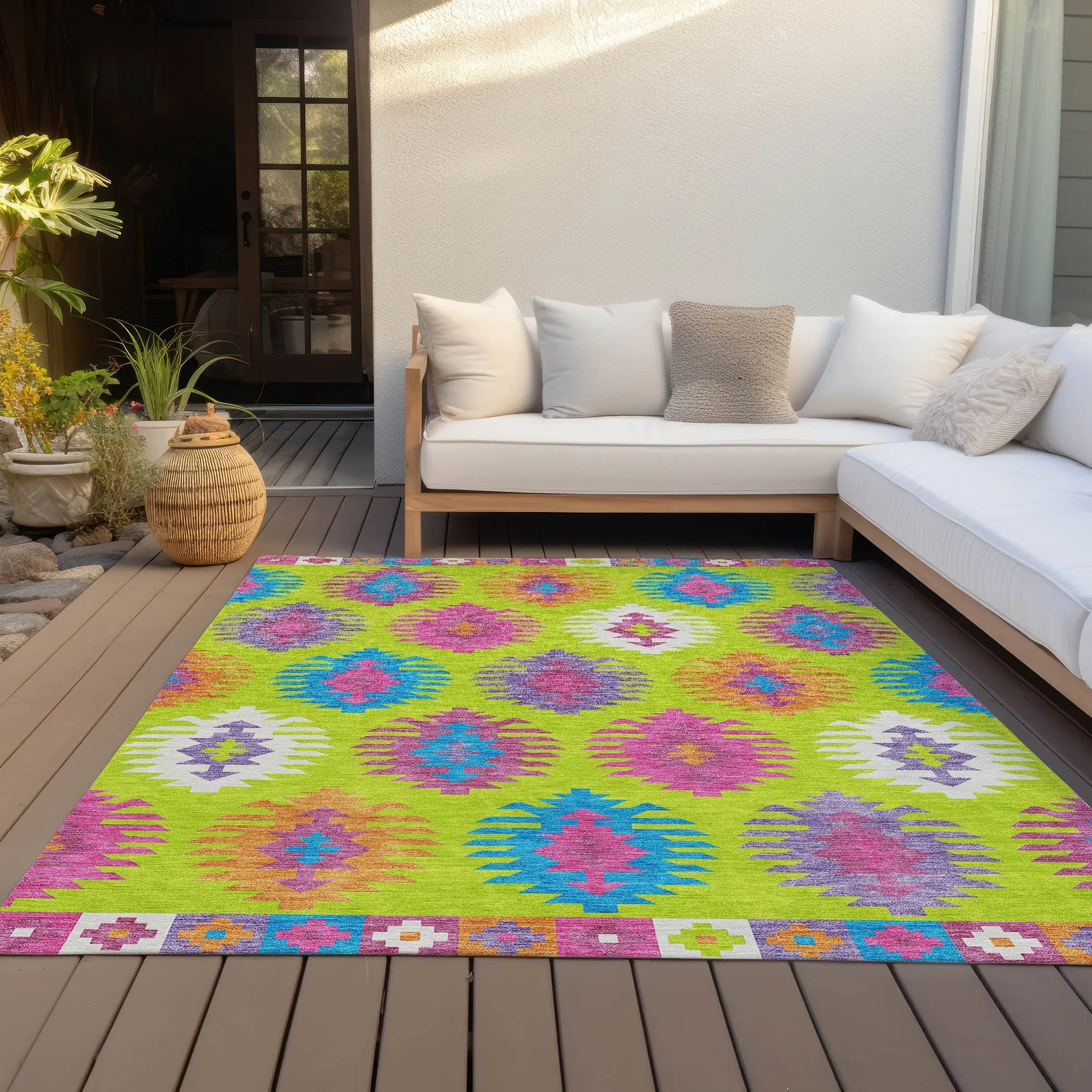 Machine Washable Indoor/ Outdoor Boho Tribal Chantille Rug
