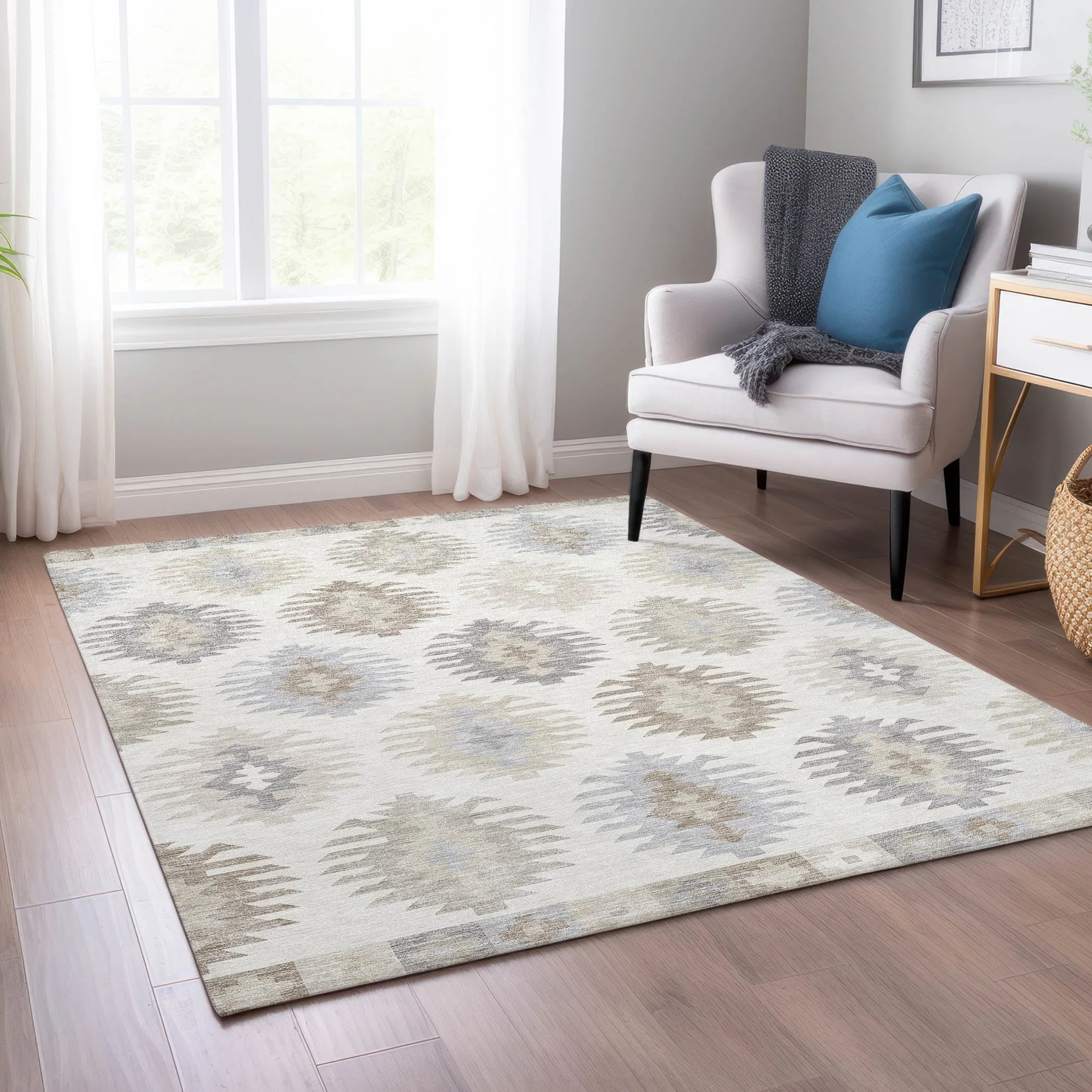 Machine Washable Indoor/ Outdoor Boho Tribal Chantille Rug