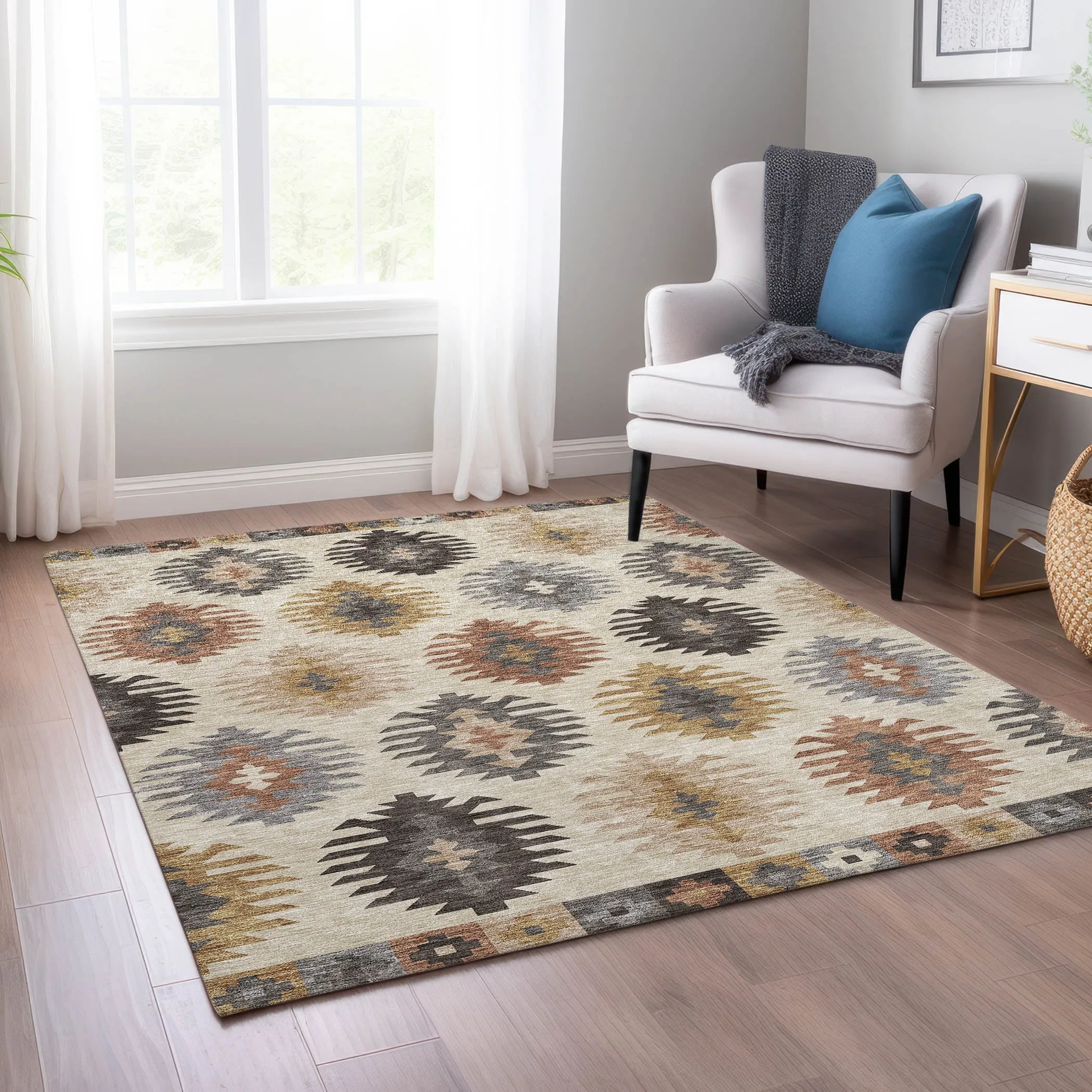 Machine Washable Indoor/ Outdoor Boho Tribal Chantille Rug