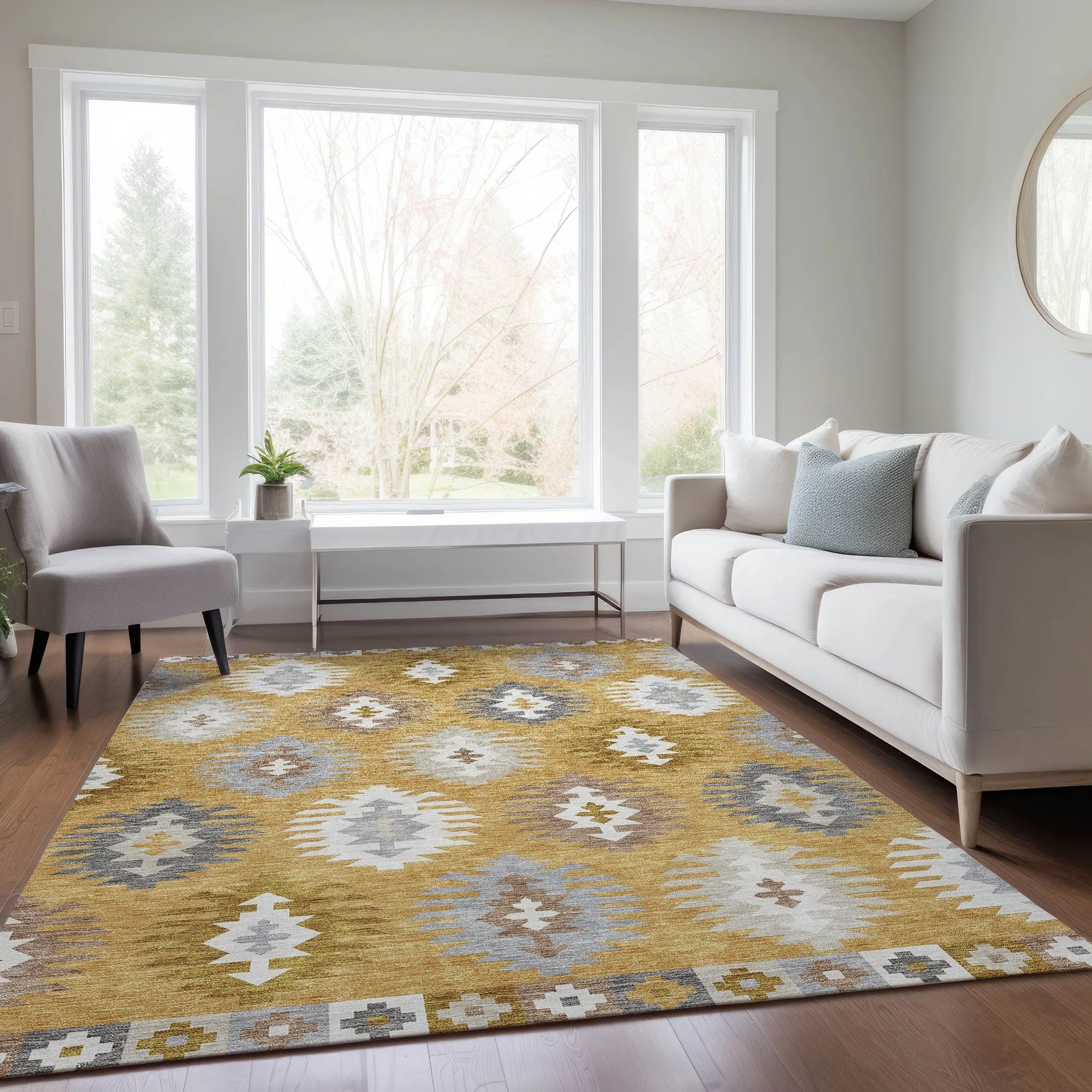 Machine Washable Indoor/ Outdoor Boho Tribal Chantille Rug