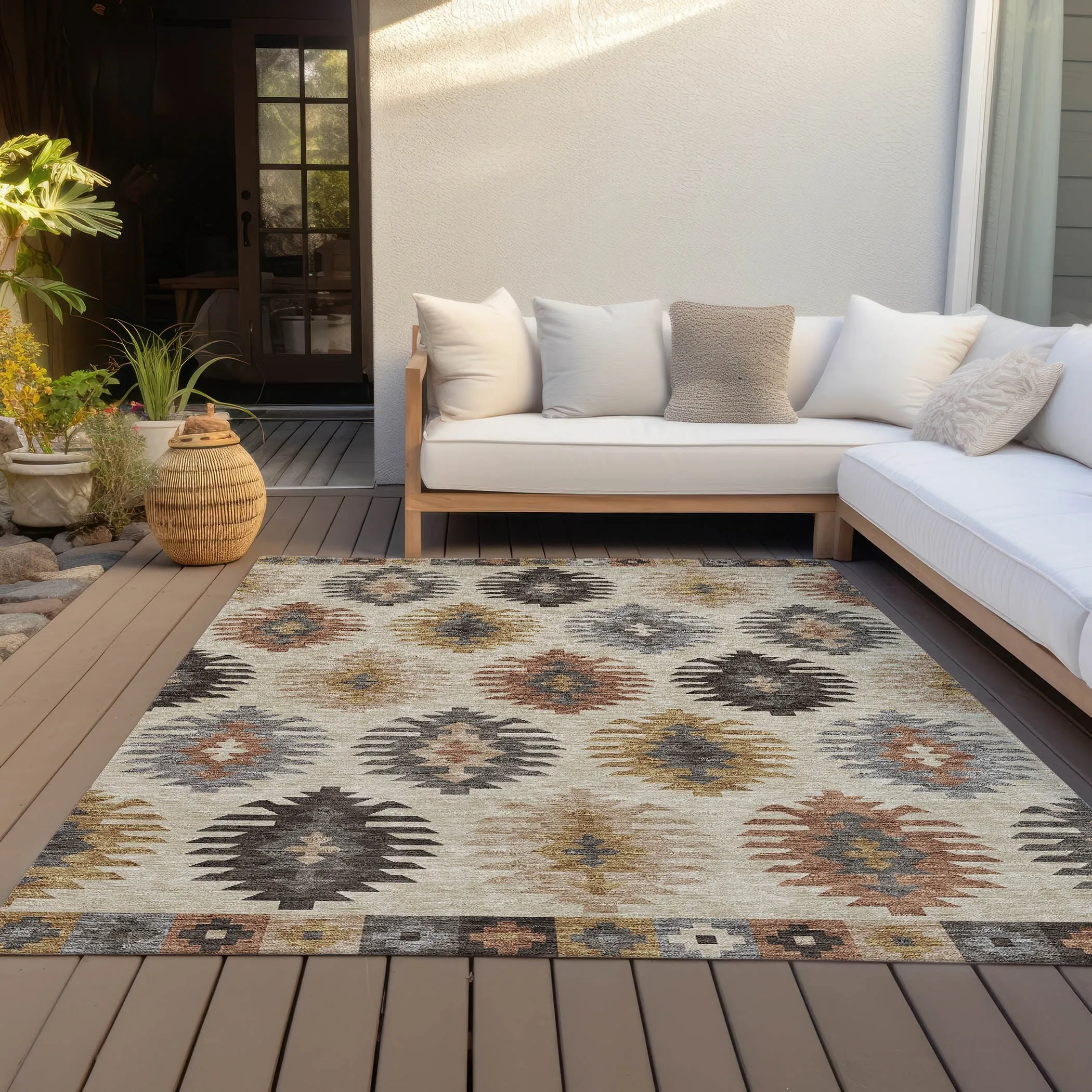 Machine Washable Indoor/ Outdoor Boho Tribal Chantille Rug