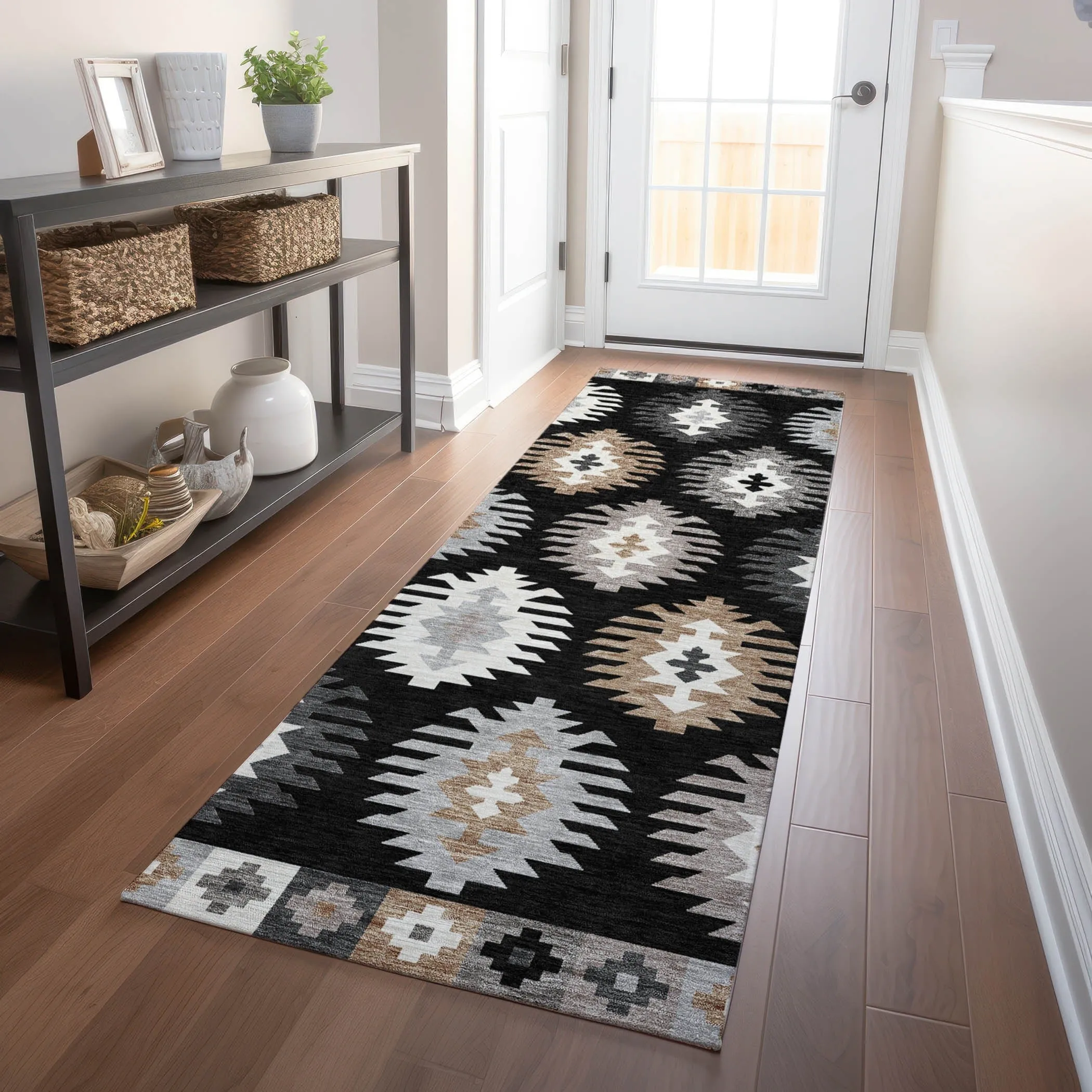 Machine Washable Indoor/ Outdoor Boho Tribal Chantille Rug