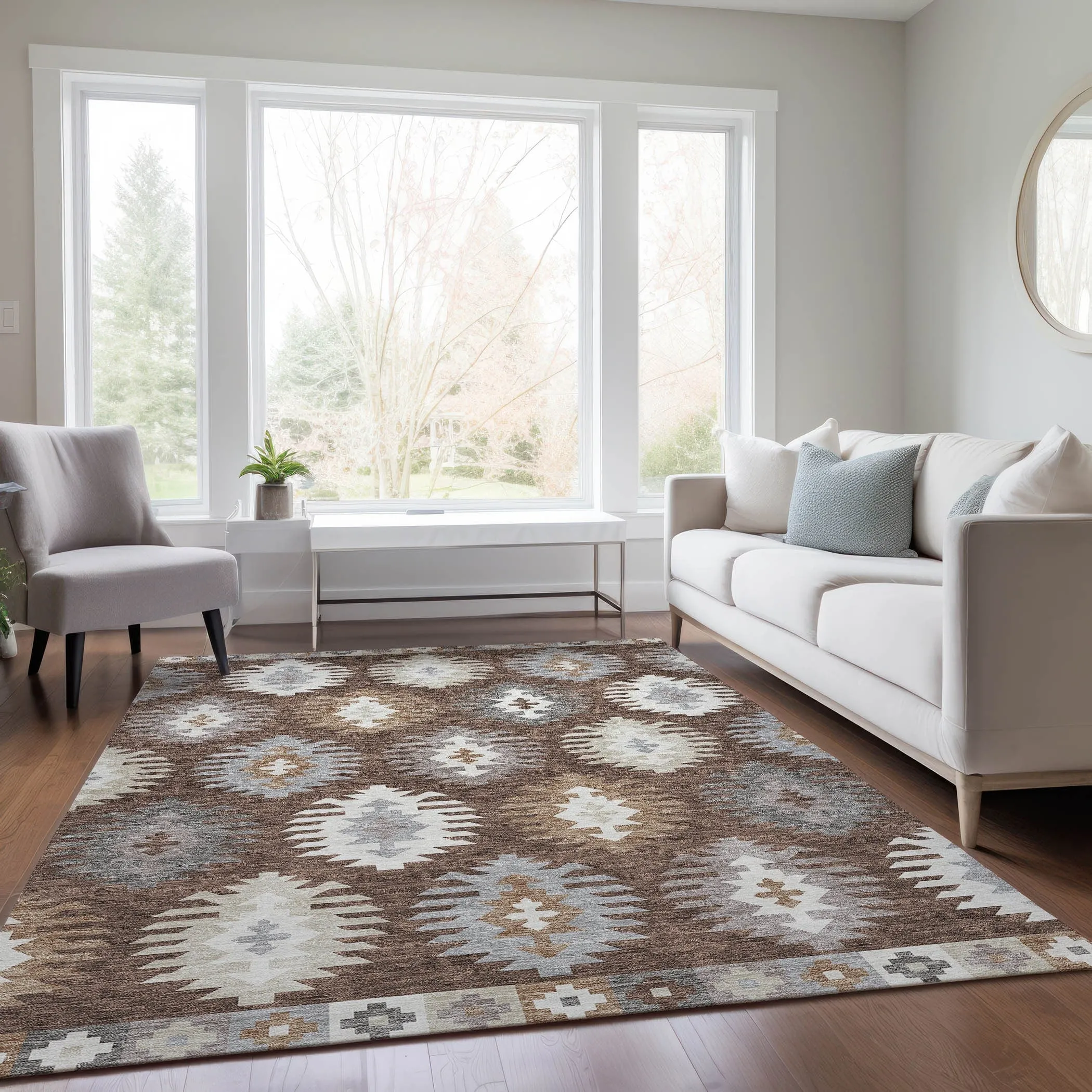 Machine Washable Indoor/ Outdoor Boho Tribal Chantille Rug