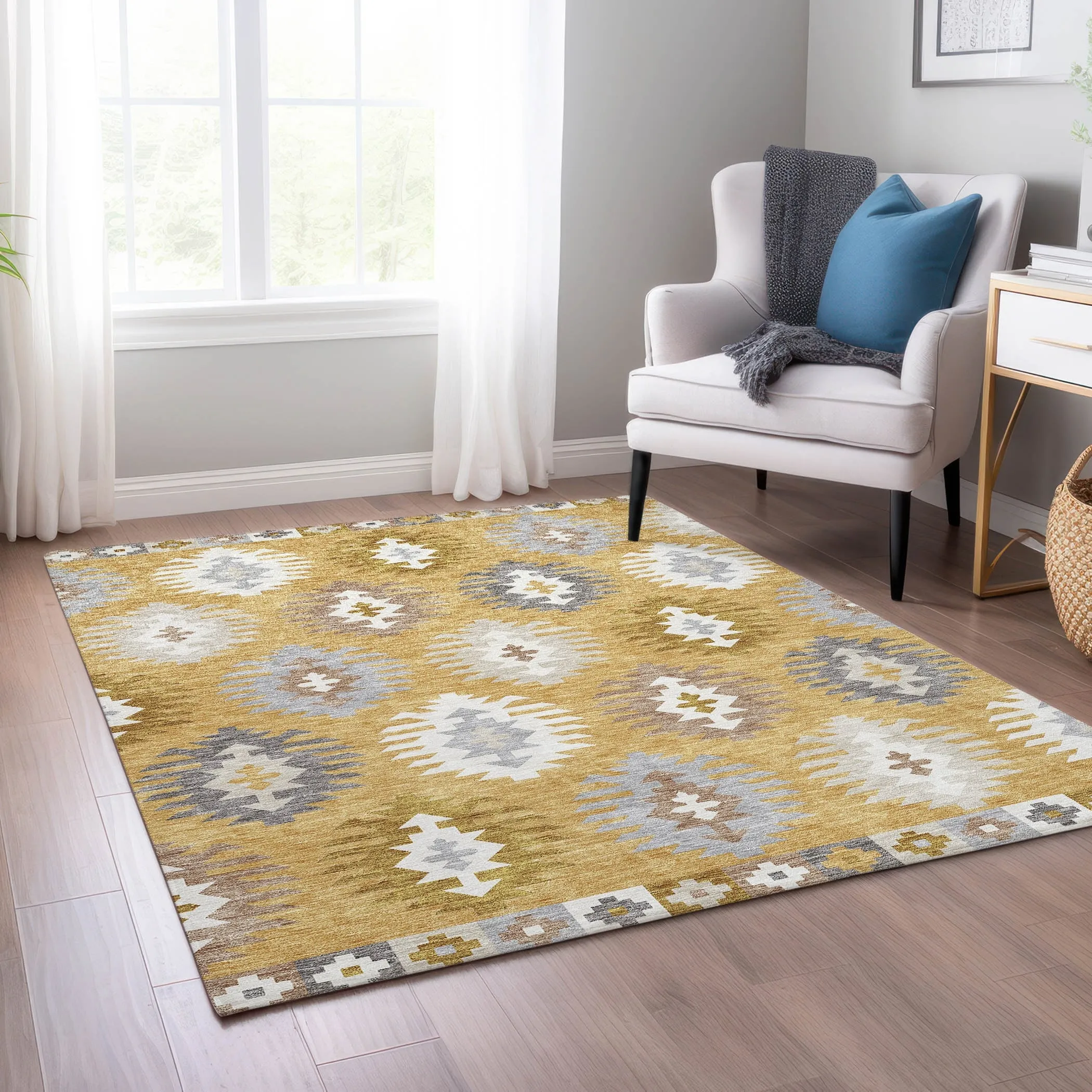 Machine Washable Indoor/ Outdoor Boho Tribal Chantille Rug