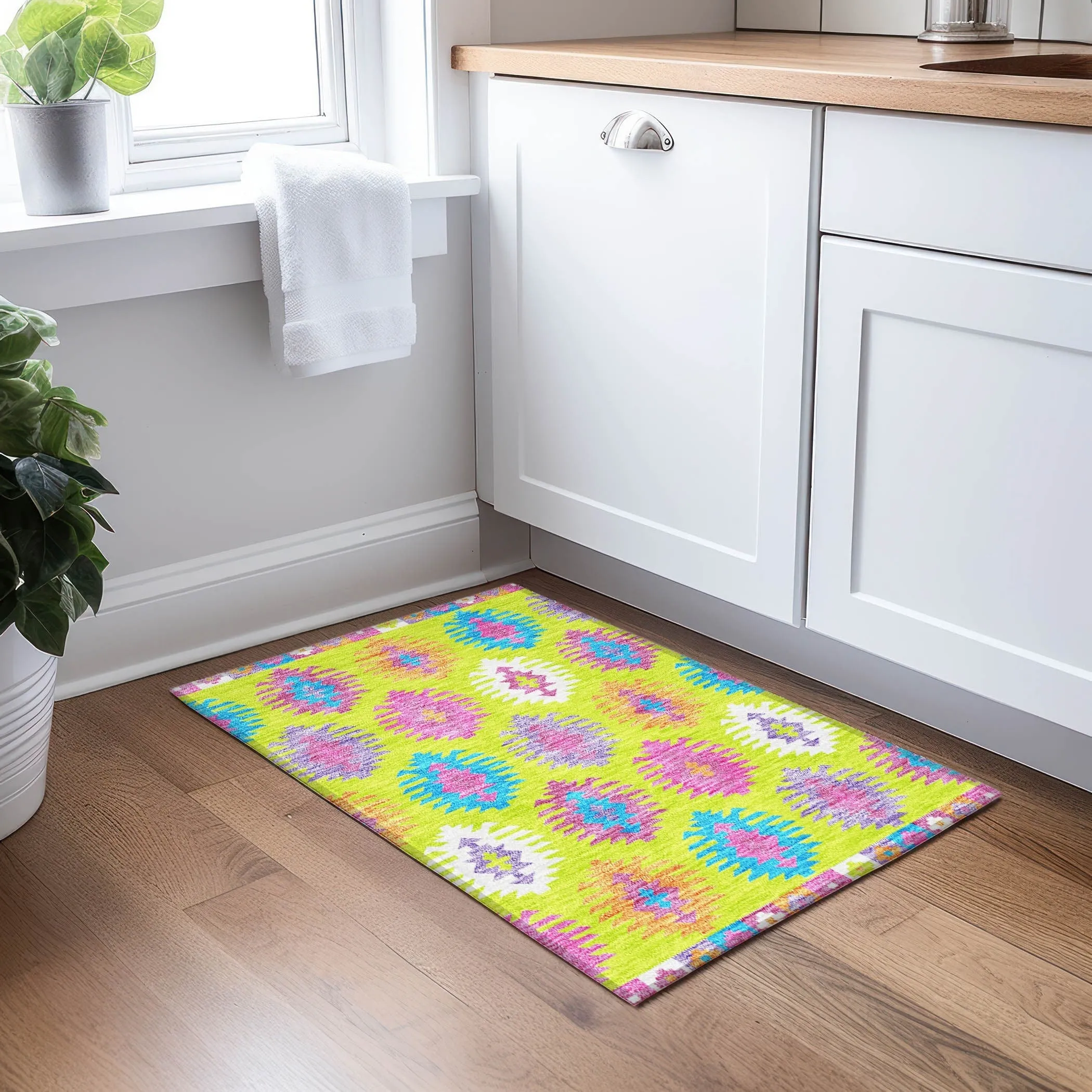Machine Washable Indoor/ Outdoor Boho Tribal Chantille Rug