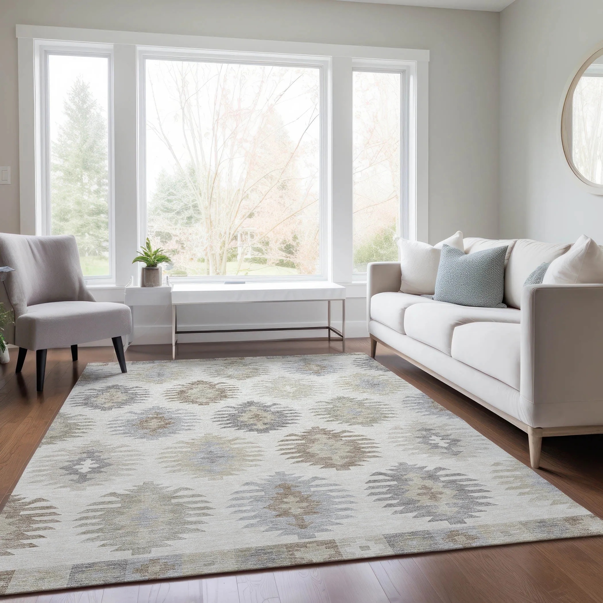 Machine Washable Indoor/ Outdoor Boho Tribal Chantille Rug